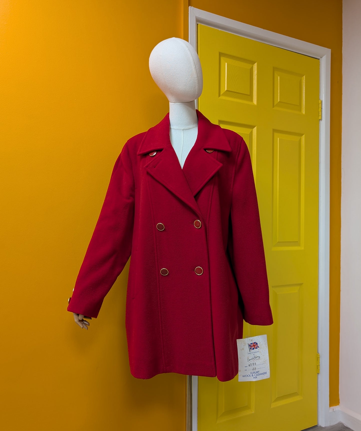Deadstock 1980s David Barry red wool and cashmere coat - XL