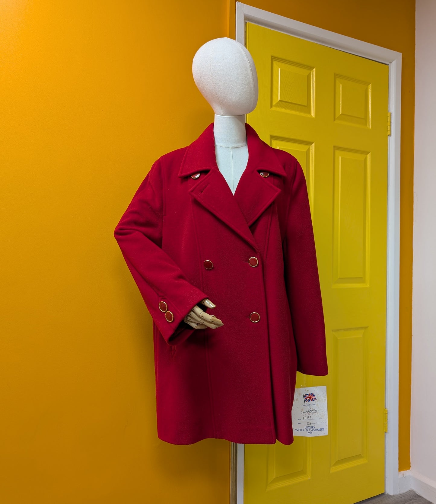 Deadstock 1980s David Barry red wool and cashmere coat - XL