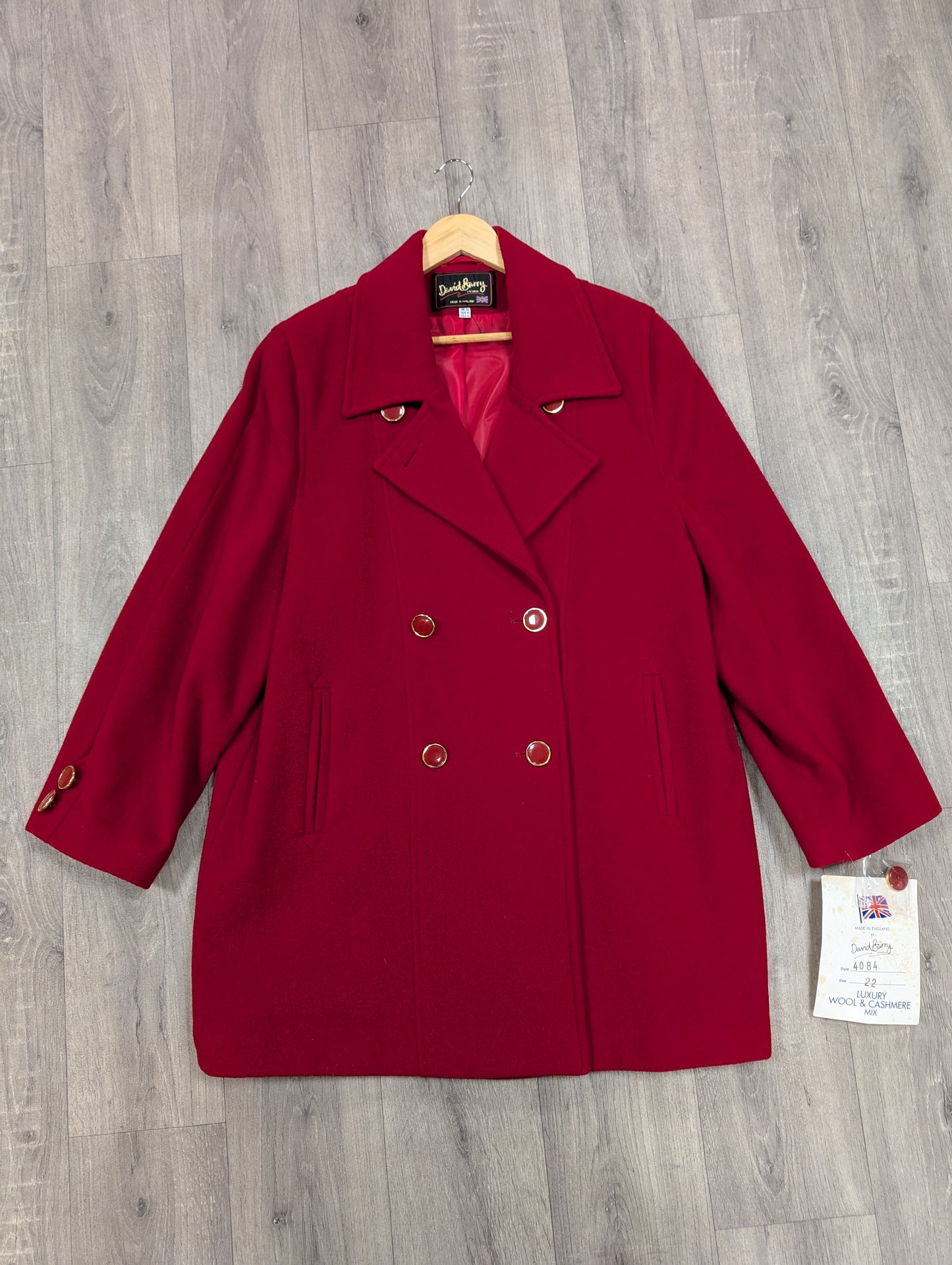 Deadstock 1980s David Barry red wool and cashmere coat - XL