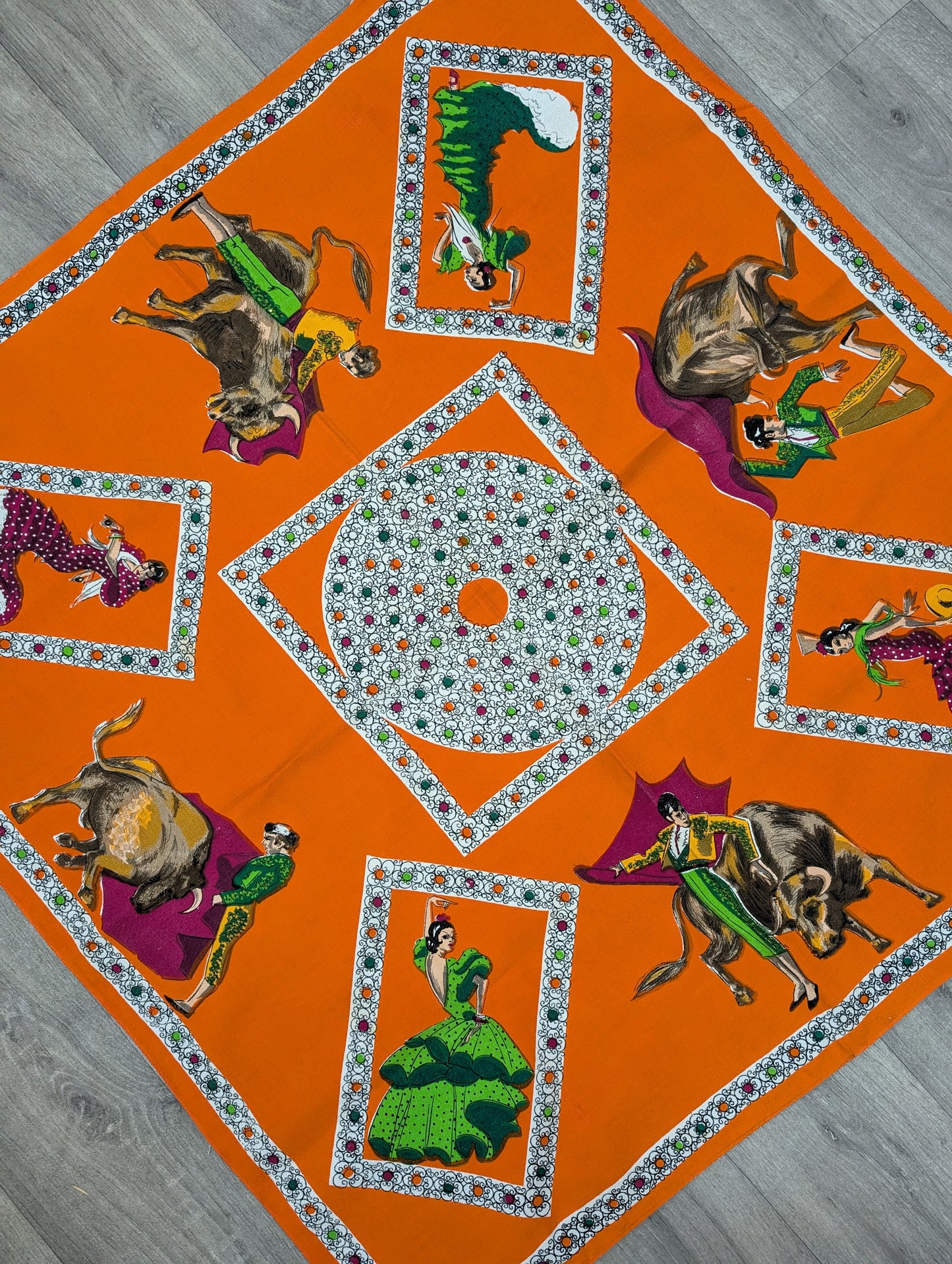 1950s orange Spanish/matador tablecloth