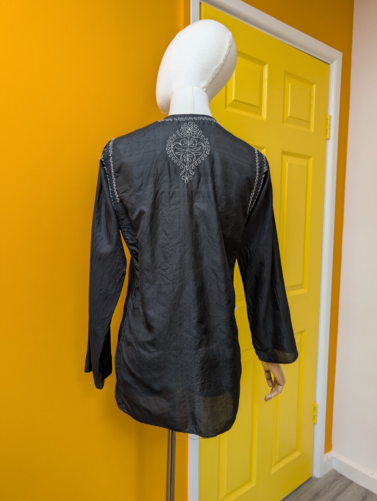 1970s Indian black silk embroidered top - XS/S