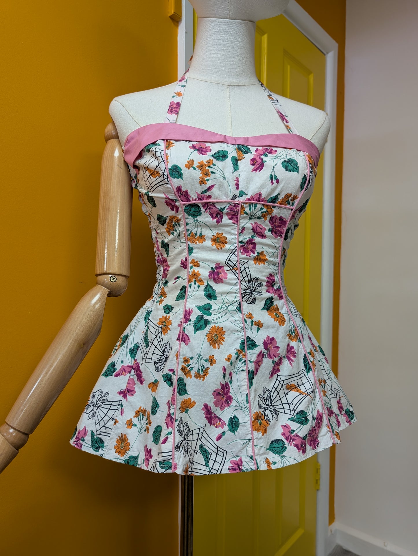 50s/60s novelty floral birdcage print cotton swimsuit - Size 4/6