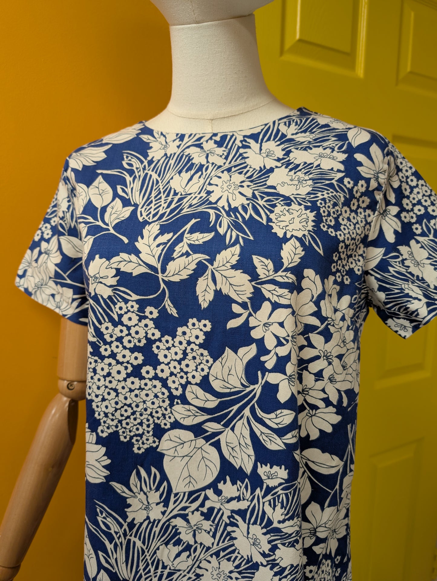 1960s blue/white floral cotton dress - M/12/14