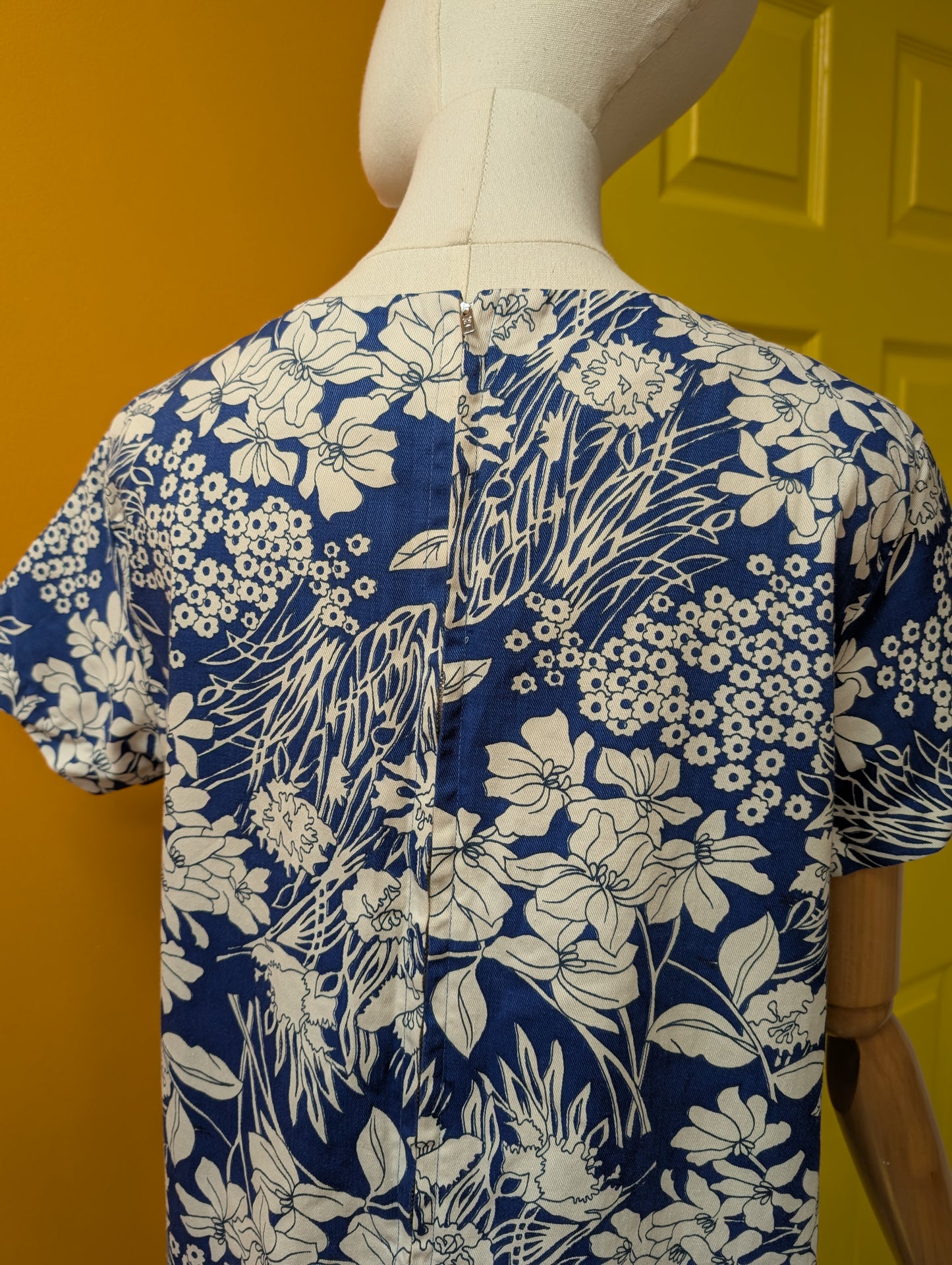 1960s blue/white floral cotton dress - M/12/14