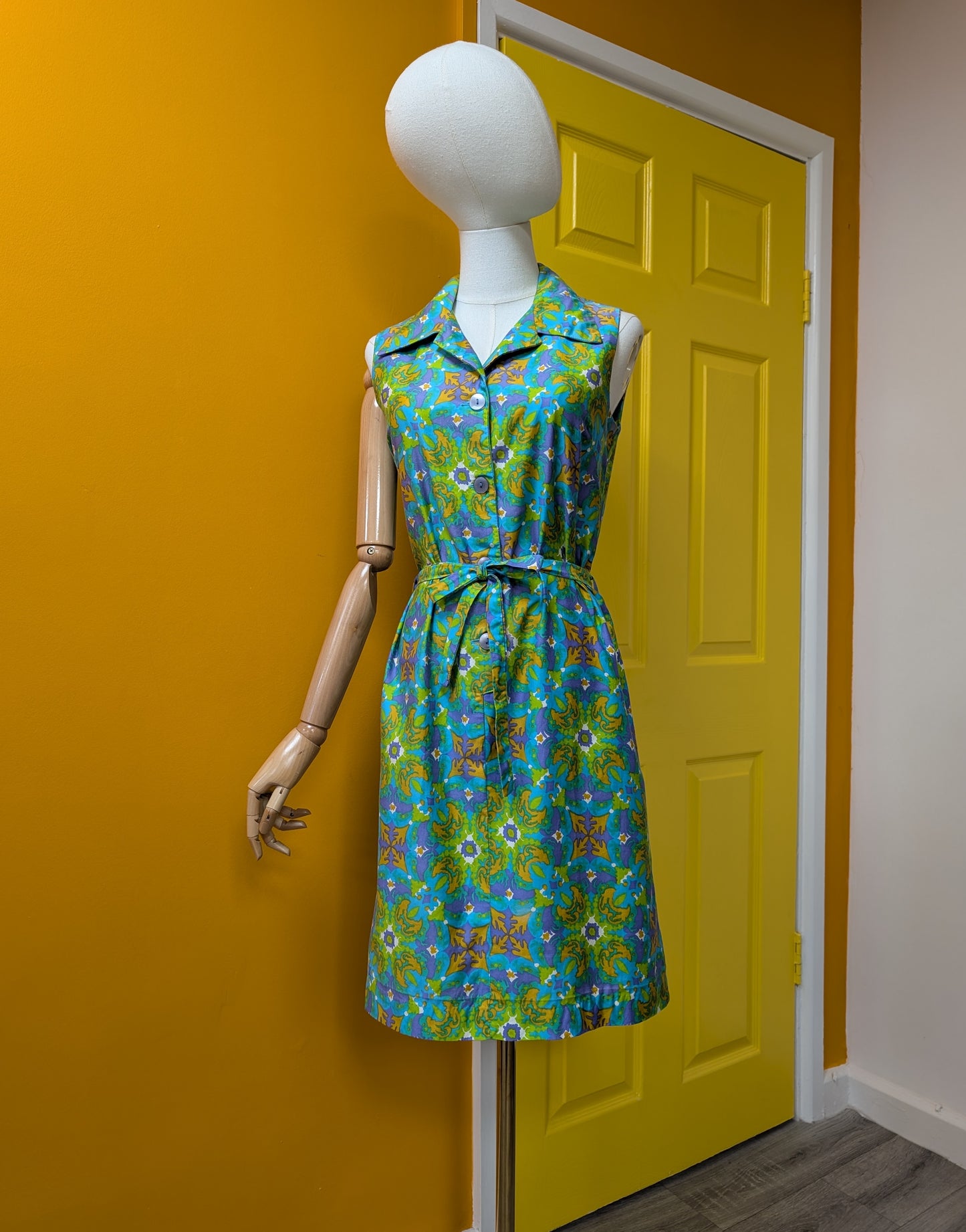 1960s psychedelic cotton dress and belt - S/8/10
