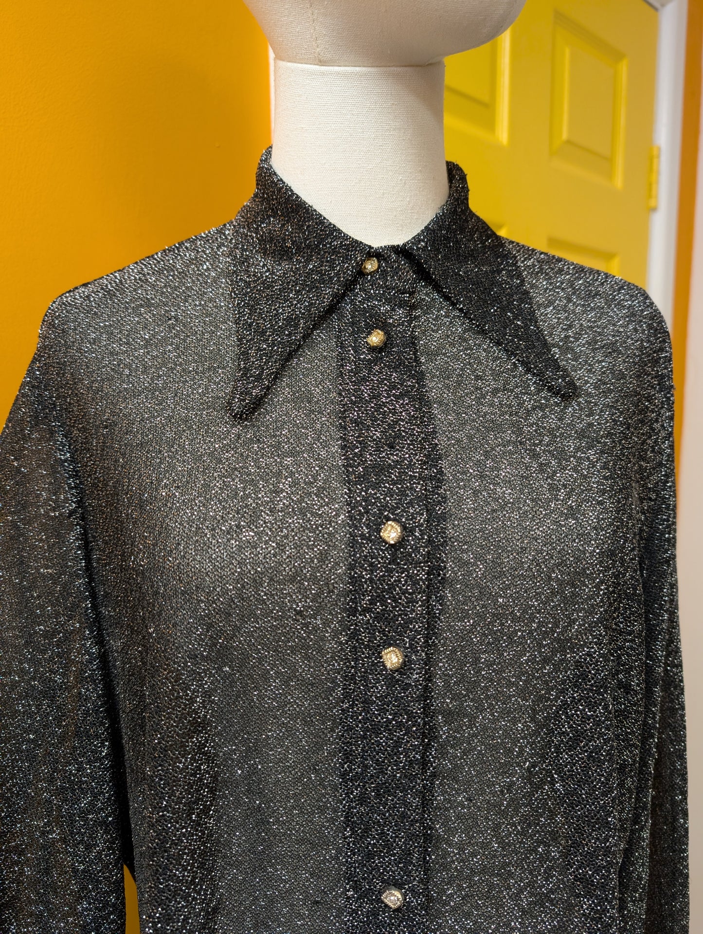 1970s Clifton Slimline silver lurex dagger collar shirt - L/16/18