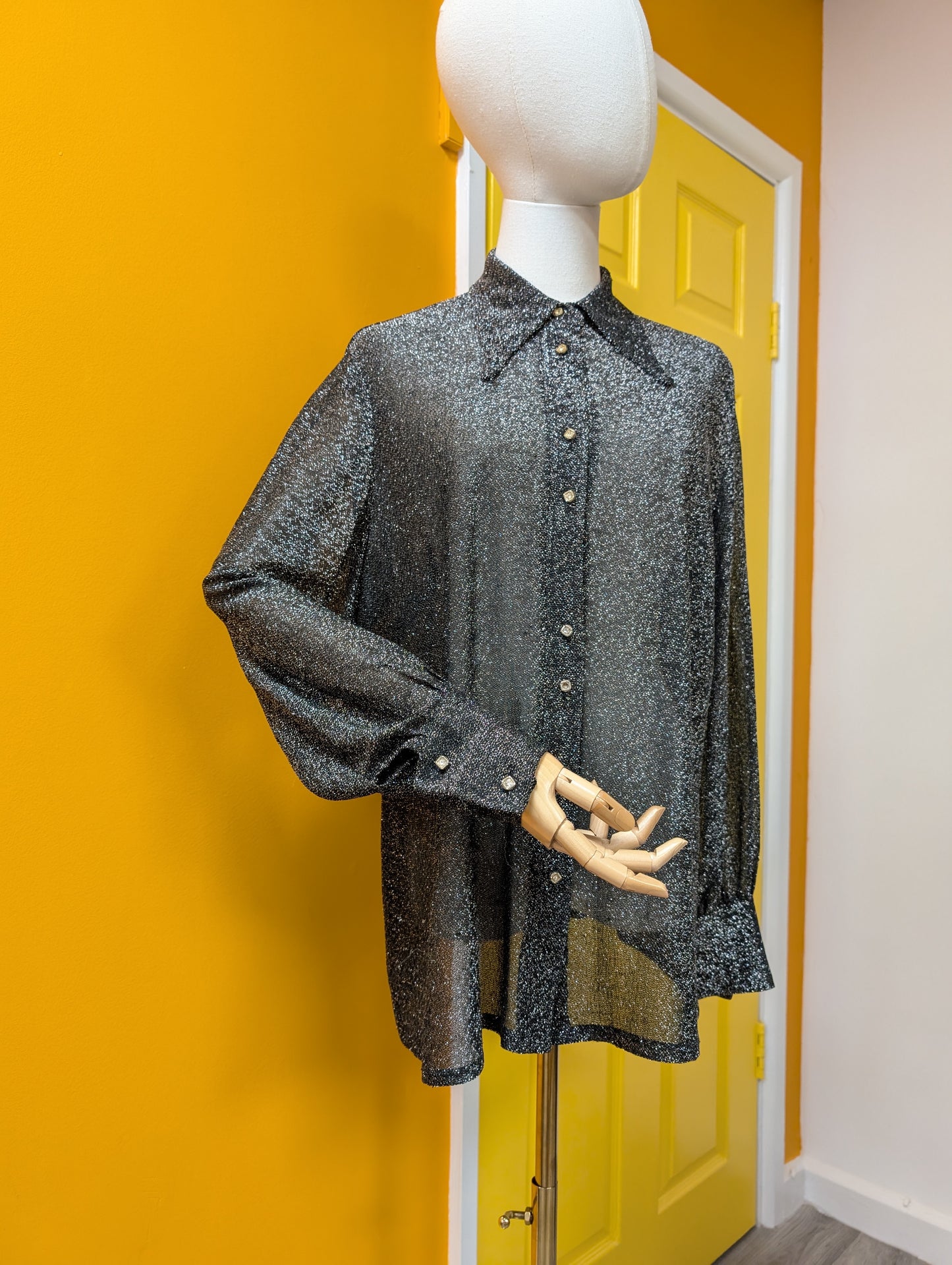 1970s Clifton Slimline silver lurex dagger collar shirt - L/16/18