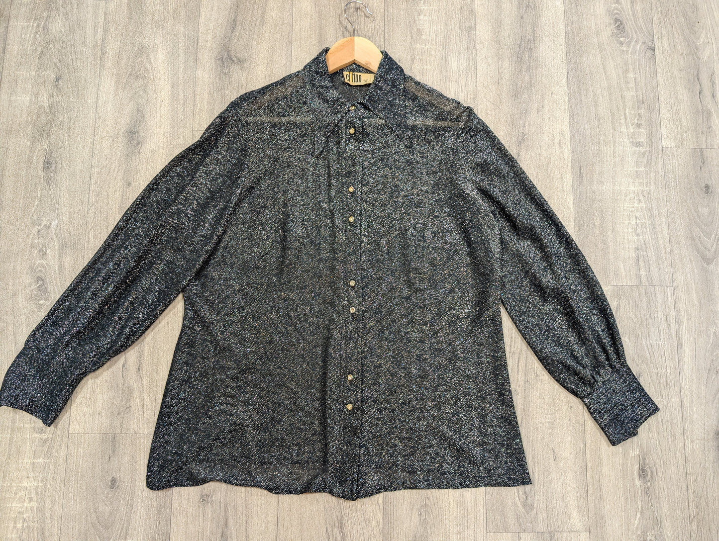 1970s Clifton Slimline silver lurex dagger collar shirt - L/16/18