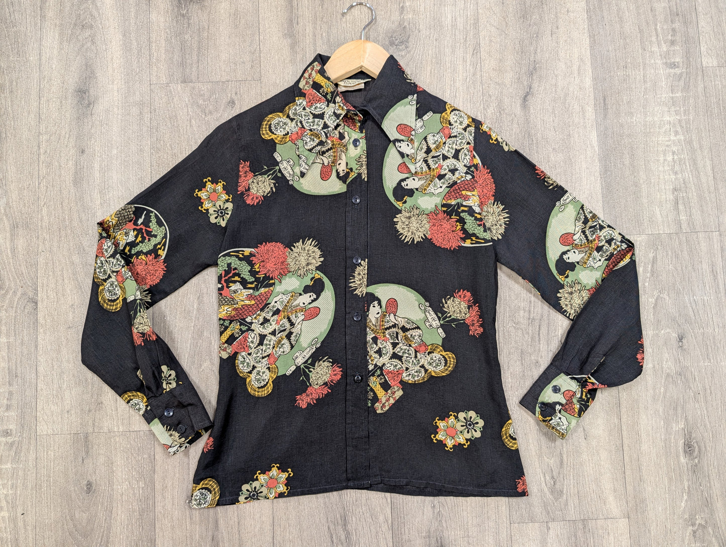 1970s Mark Roberts oriental geisha print dagger collar shirt - XS/S