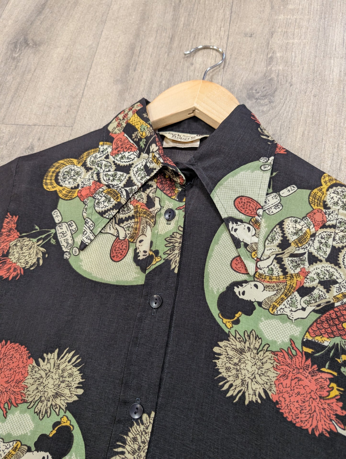 1970s Mark Roberts oriental geisha print dagger collar shirt - XS/S