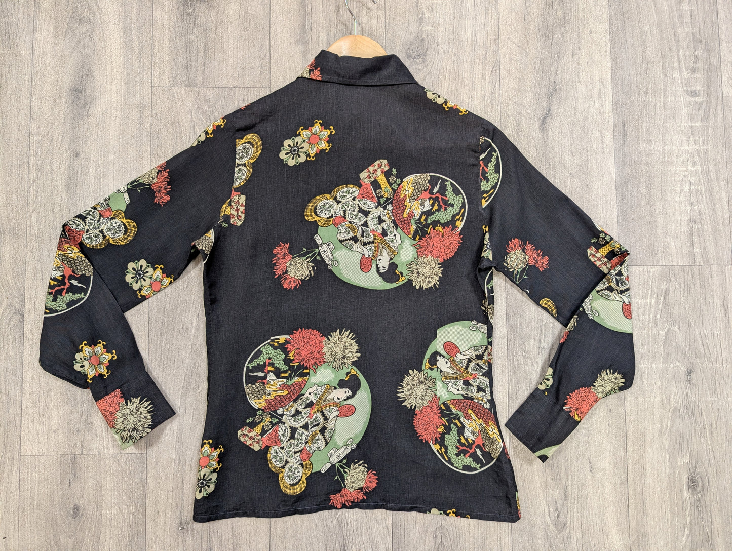 1970s Mark Roberts oriental geisha print dagger collar shirt - XS/S