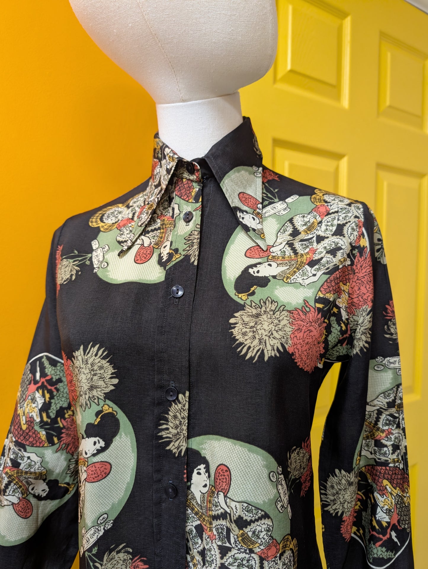 1970s Mark Roberts oriental geisha print dagger collar shirt - XS/S