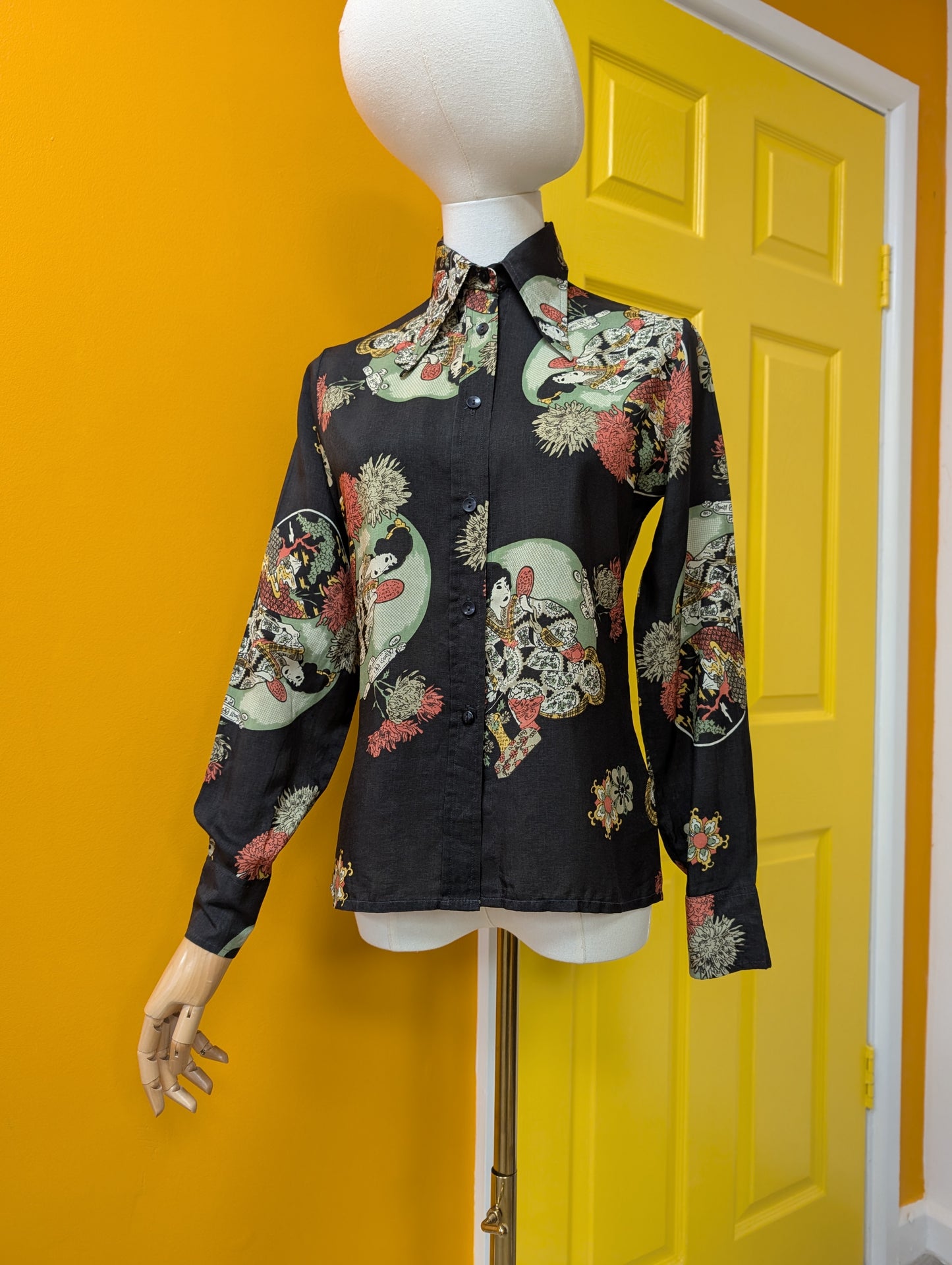 1970s Mark Roberts oriental geisha print dagger collar shirt - XS/S