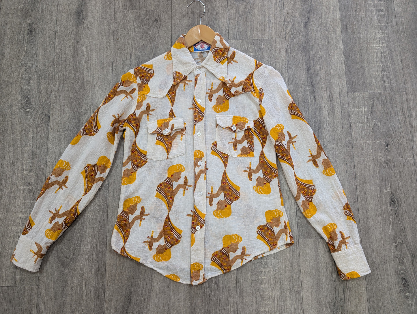 1970s Harlan Matthews novelty print Indian cotton cheesecloth shirt