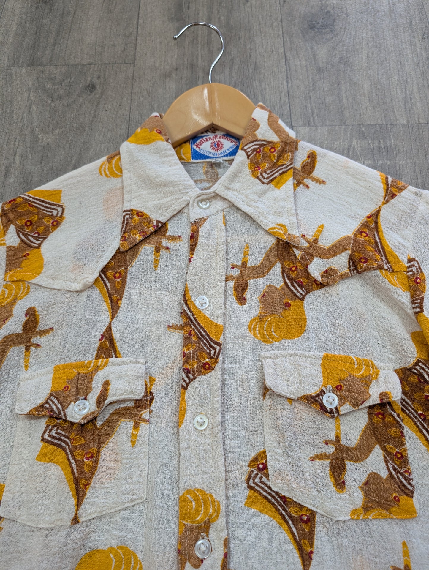 1970s Harlan Matthews novelty print Indian cotton cheesecloth shirt