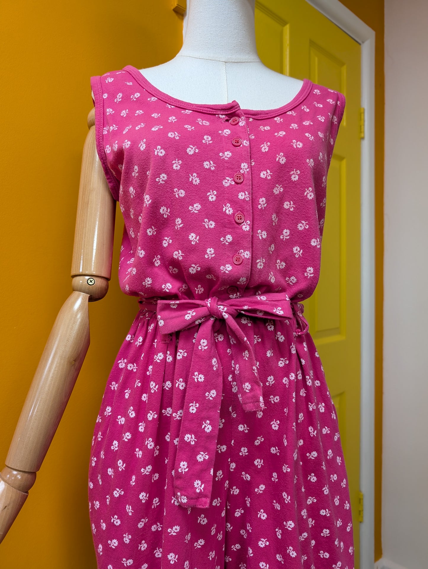 80s/90s floral cotton pink playsuit with belt - up to a M