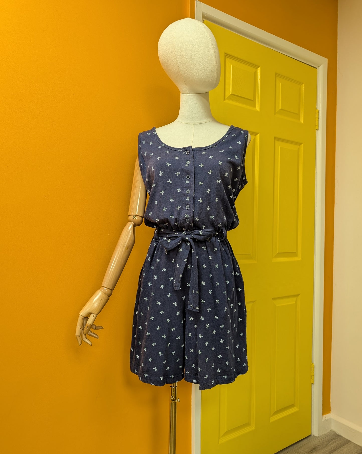 80s/90s floral cotton navy playsuit with belt - up to a M