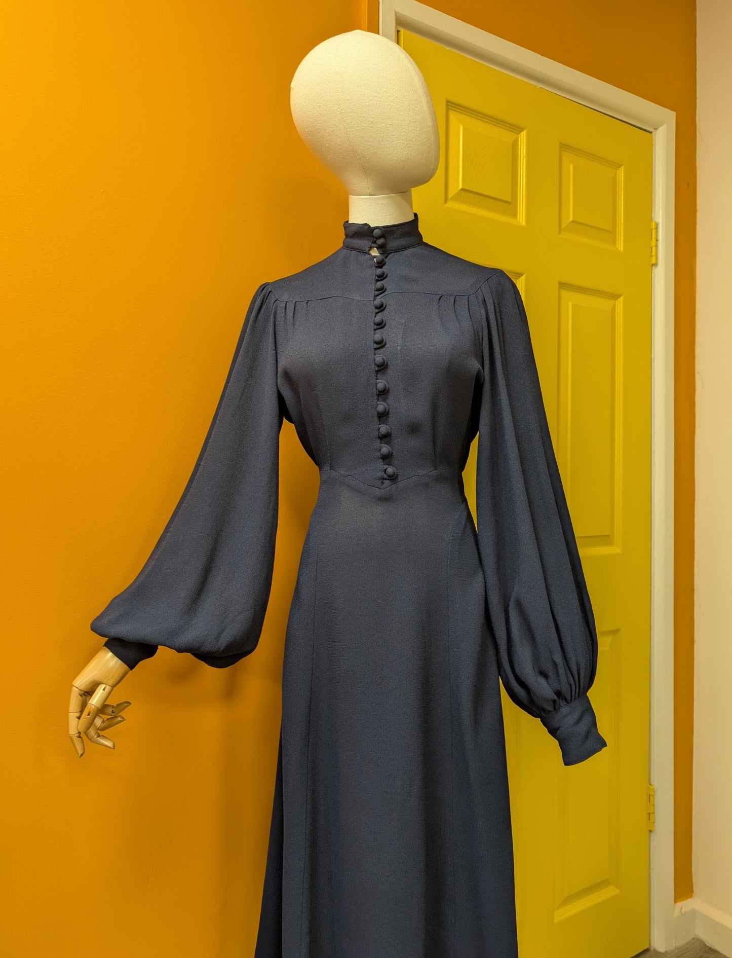 1970s Ossie Clark for Radley moss crepe navy blue dress - S/M