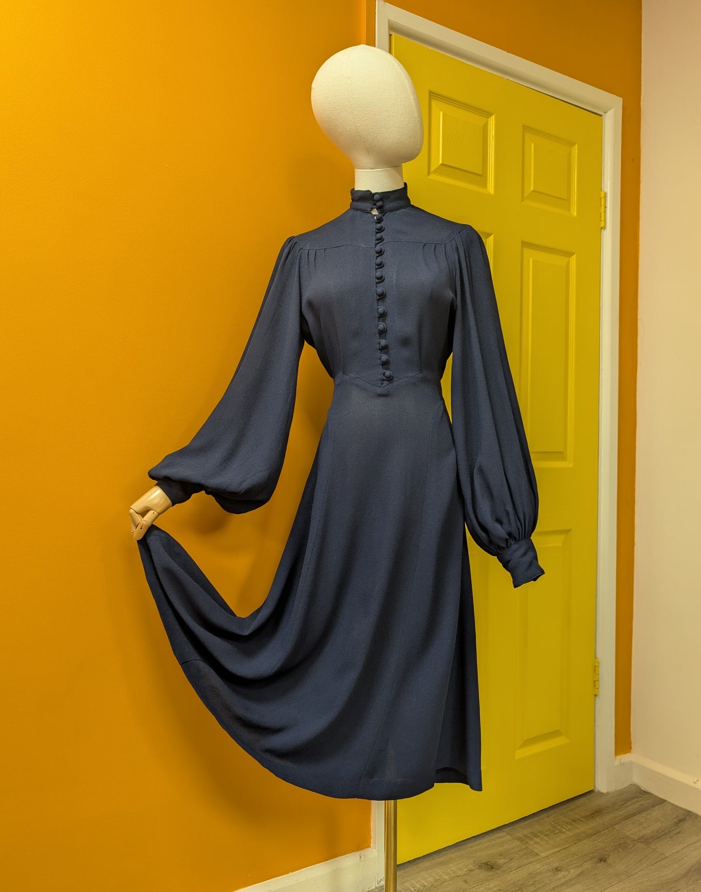 1970s Ossie Clark for Radley moss crepe navy blue dress - S/M
