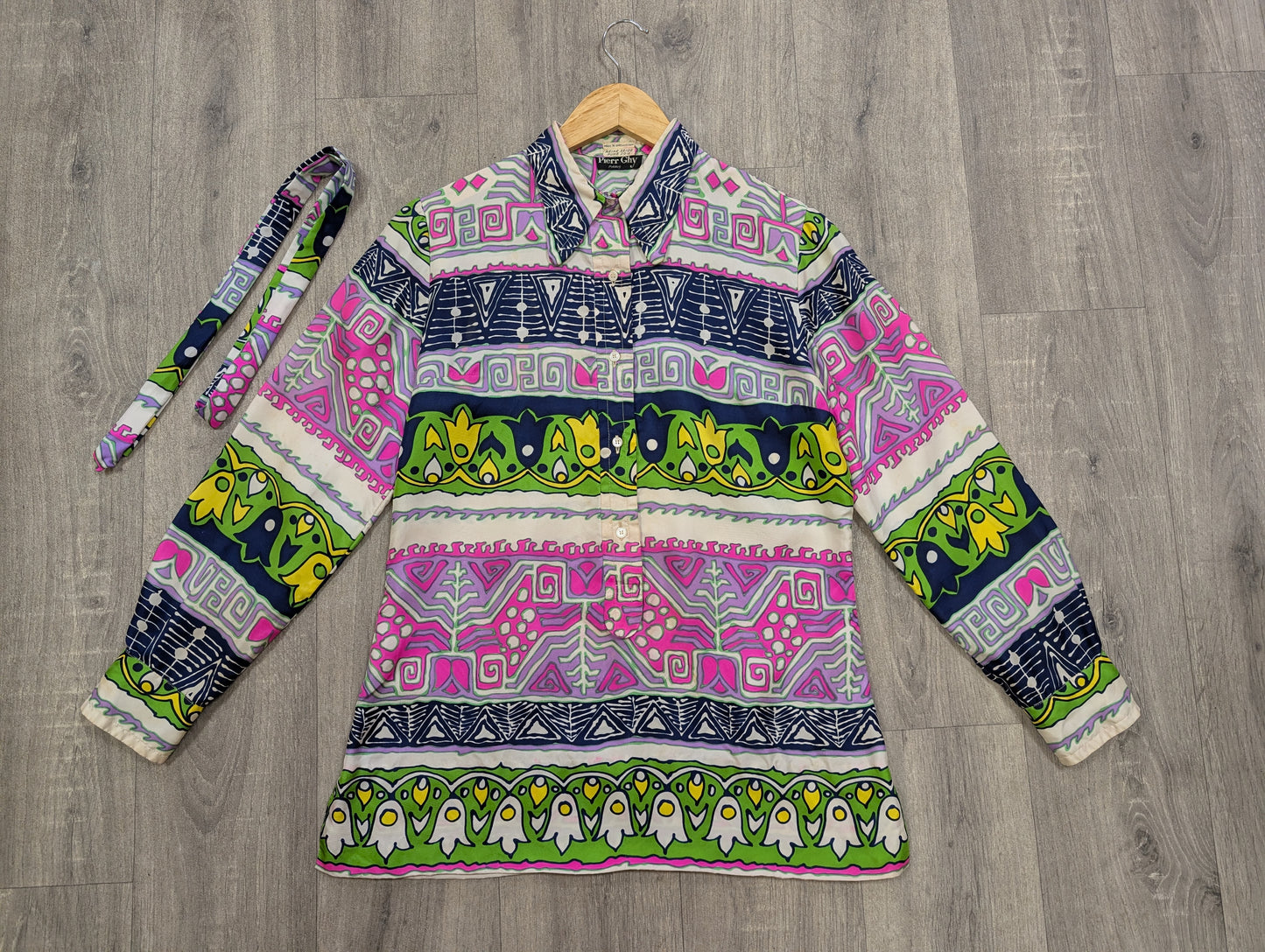 1960s Pierr Ghy Paris pure silk pink/green shirt and belt - up to a M
