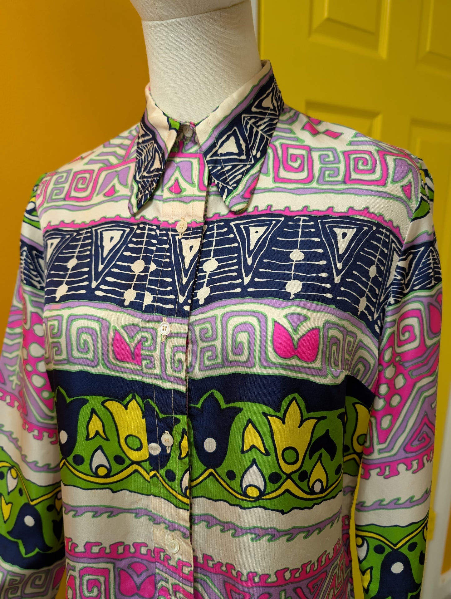 1960s Pierr Ghy Paris pure silk pink/green shirt and belt - up to a M