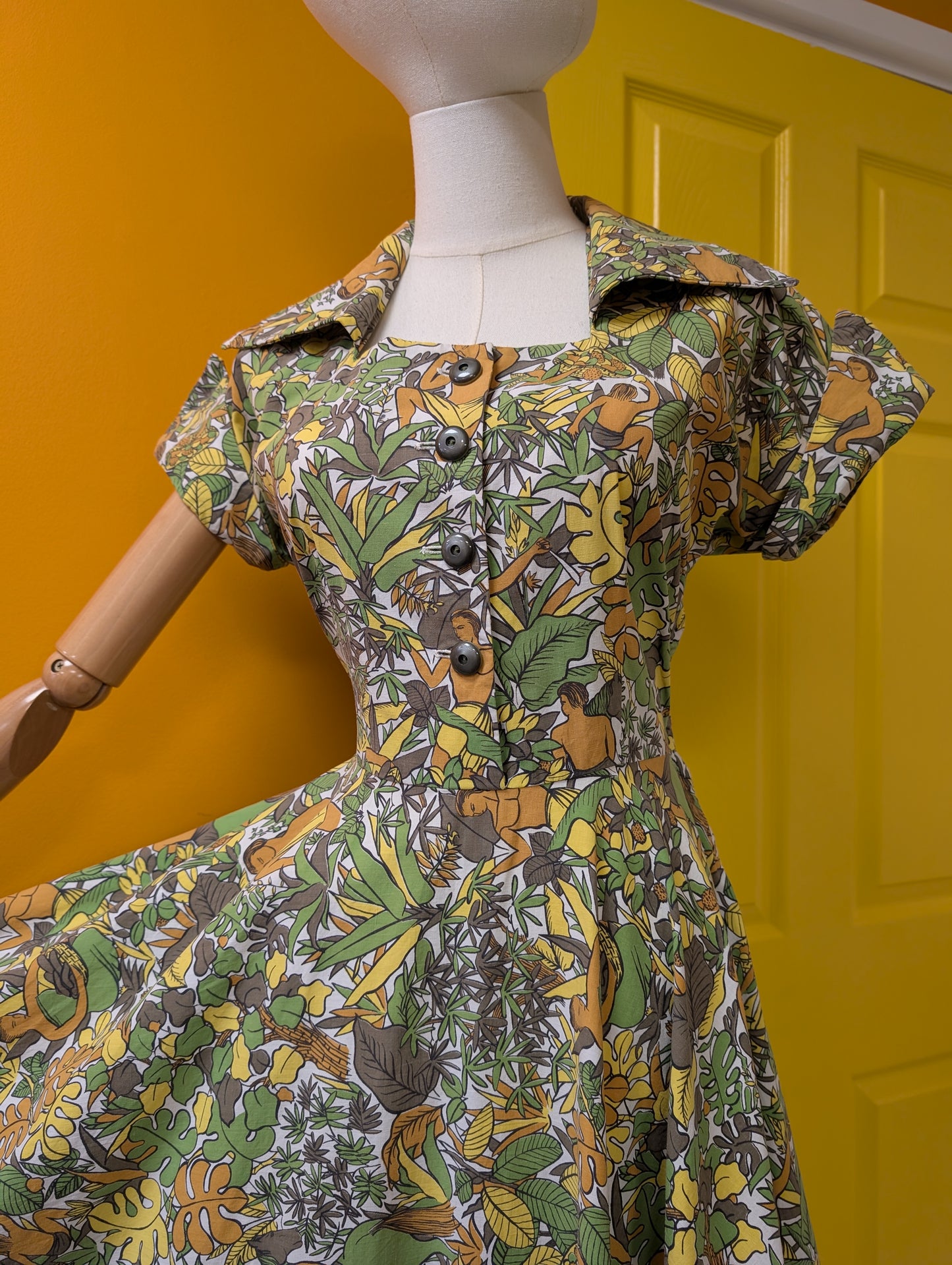 Epic 1950s Prologue novelty jungle/plant/horse print full circle cotton dress - S/10
