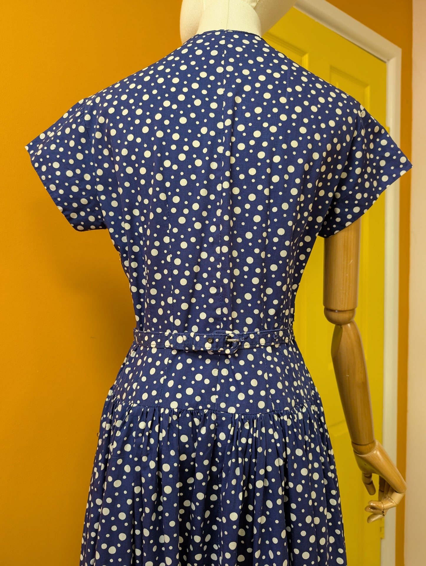 1950s 'A Diana Dress' navy/white polka dot cotton - S/8/10