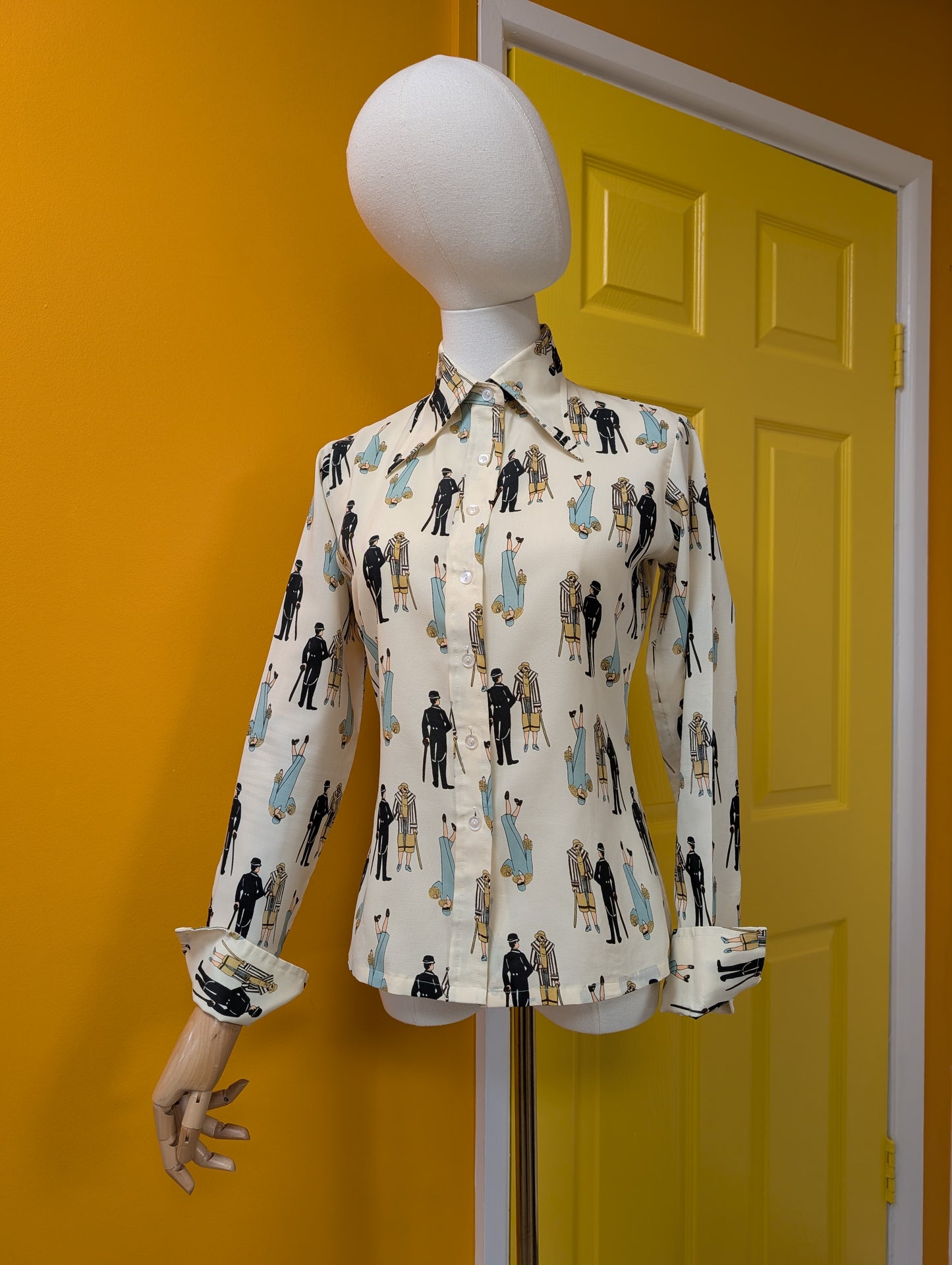 1970s novelty Art Deco print dagger collar shirt - S