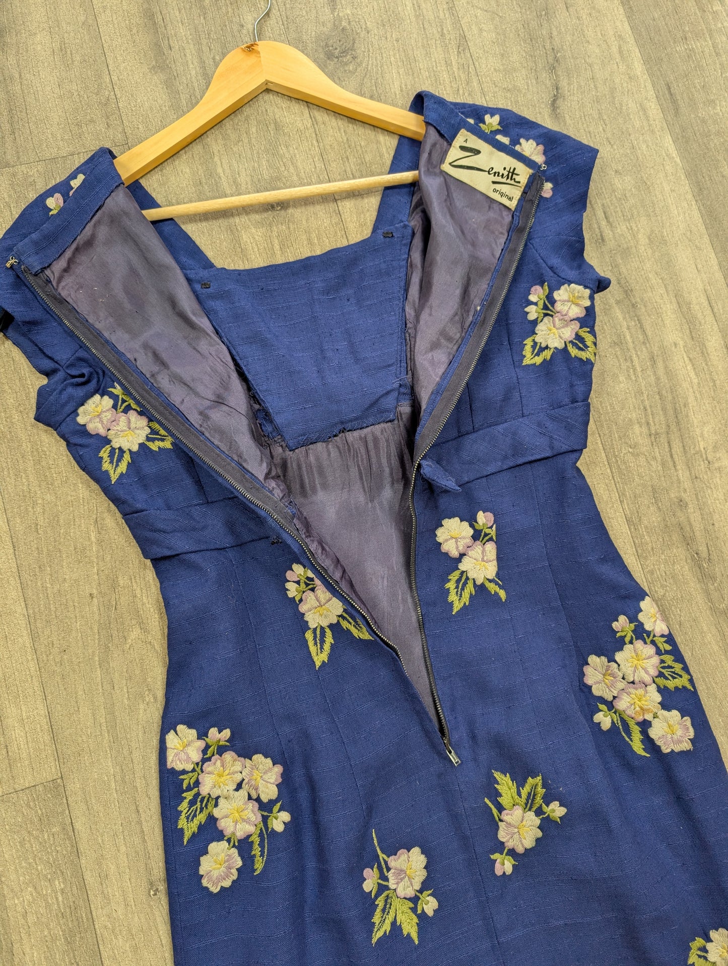 50s/60s Zenith blue embroidered floral dress - S/8/10