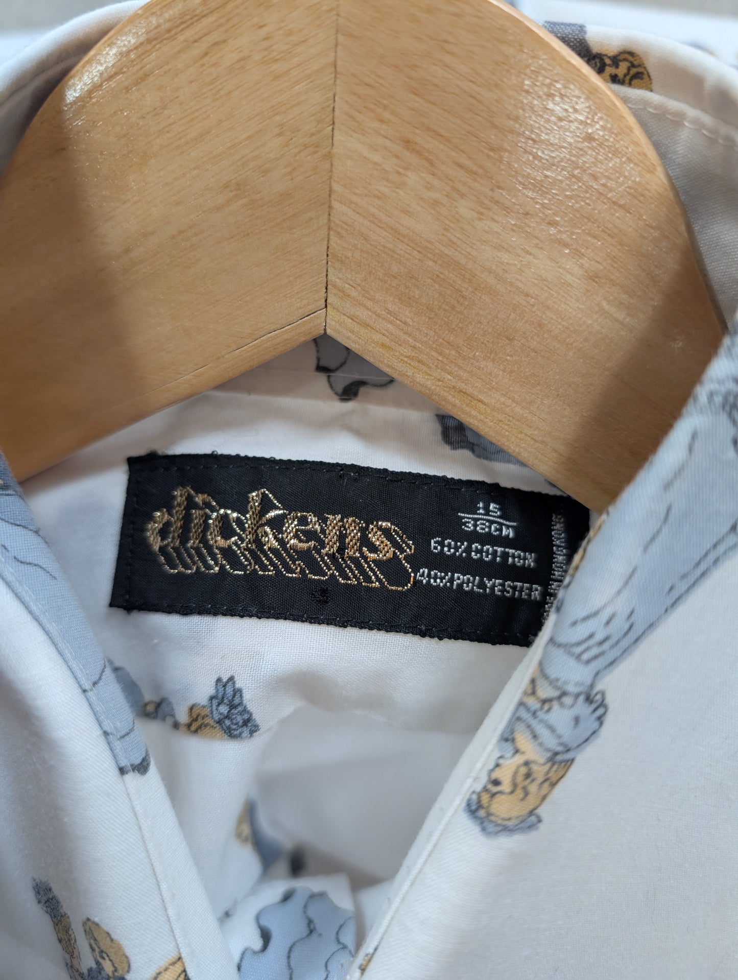 1970s Dickens novelty print dagger collar shirt