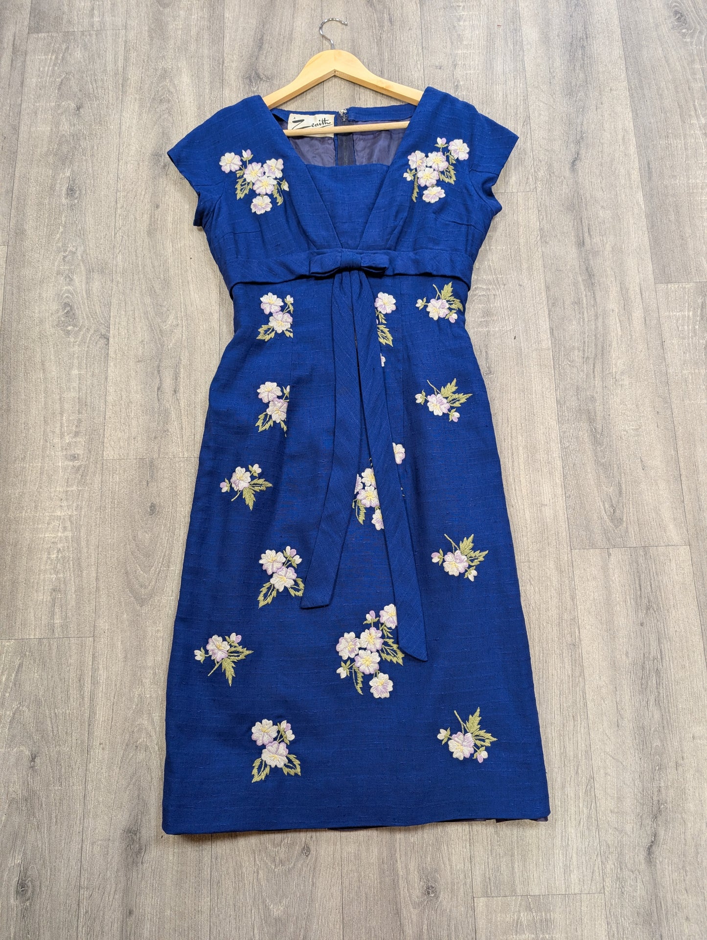 50s/60s Zenith blue embroidered floral dress - S/8/10