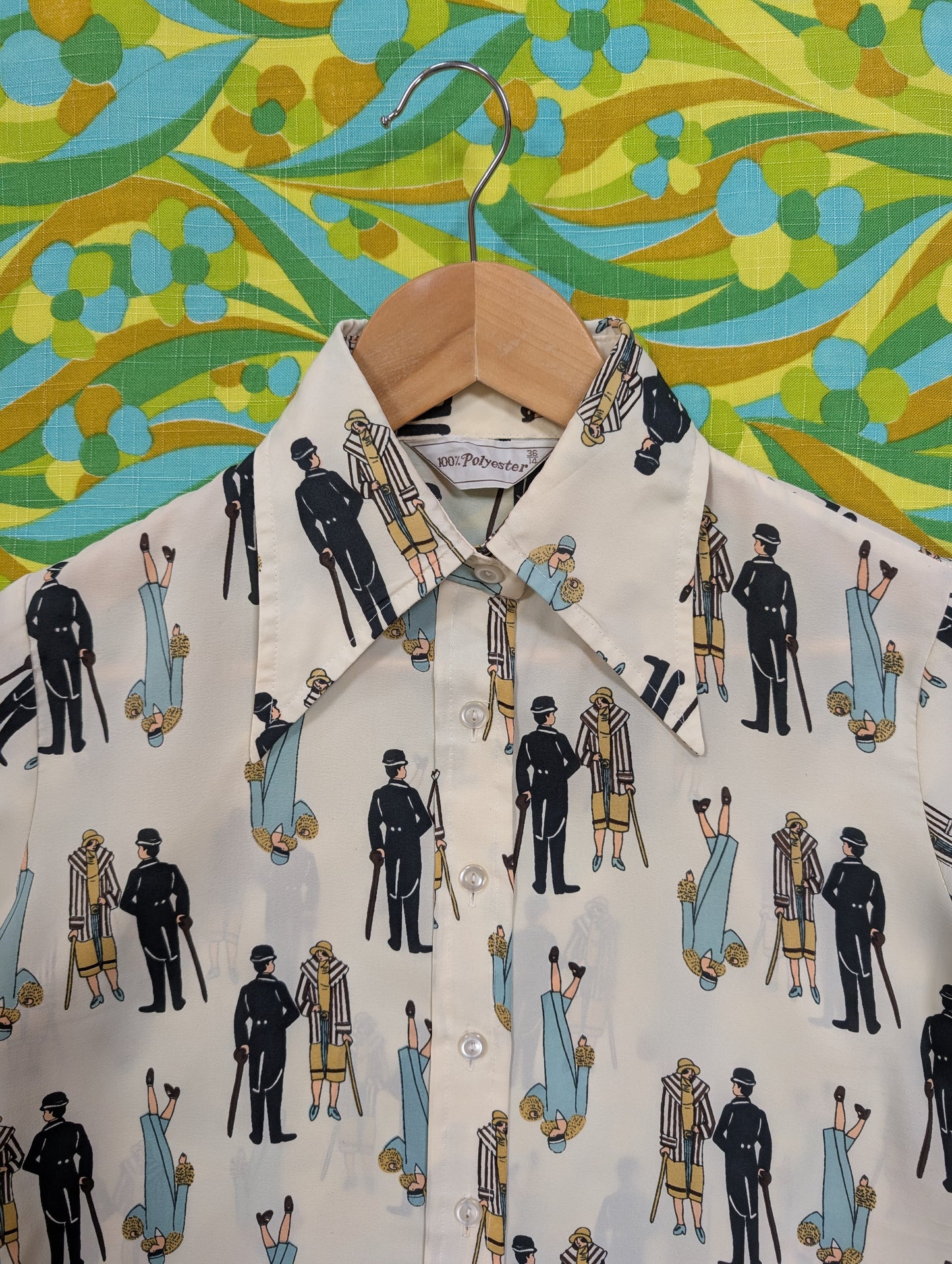 1970s novelty Art Deco print dagger collar shirt - S
