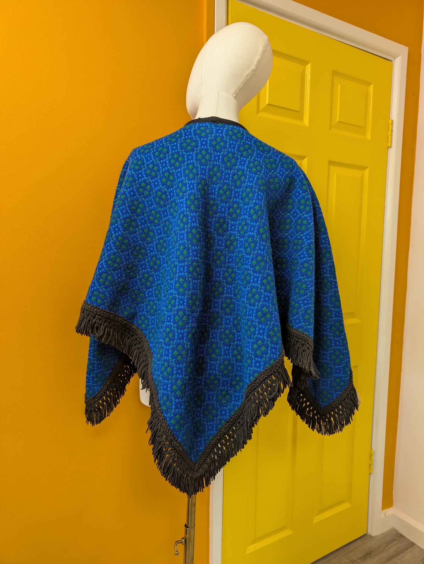 Reversible Welsh tapestry wool fringed poncho