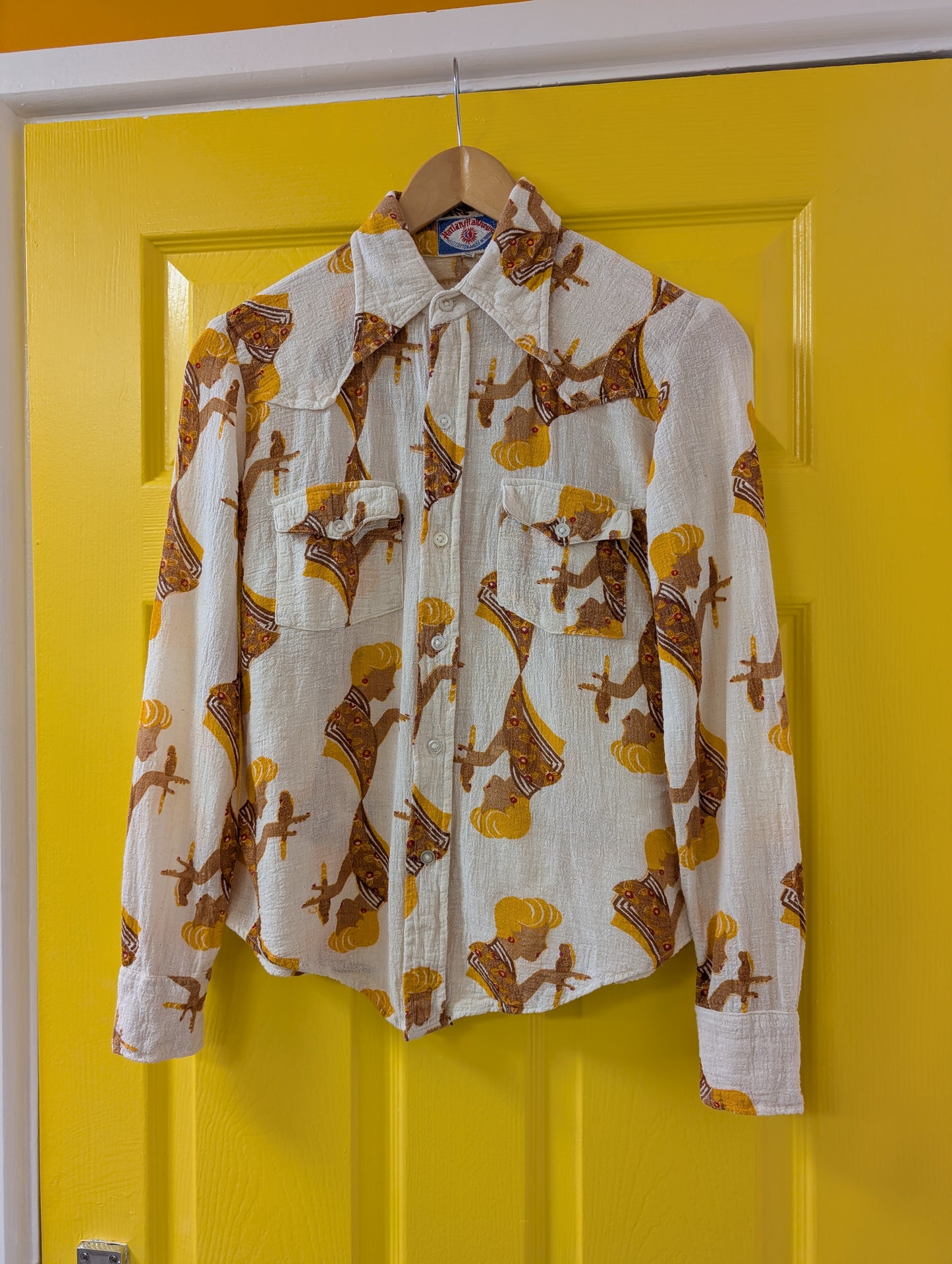 1970s Harlan Matthews novelty print Indian cotton cheesecloth shirt