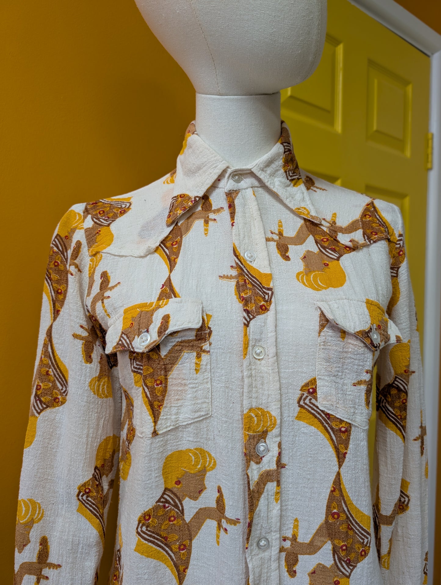 1970s Harlan Matthews novelty print Indian cotton cheesecloth shirt