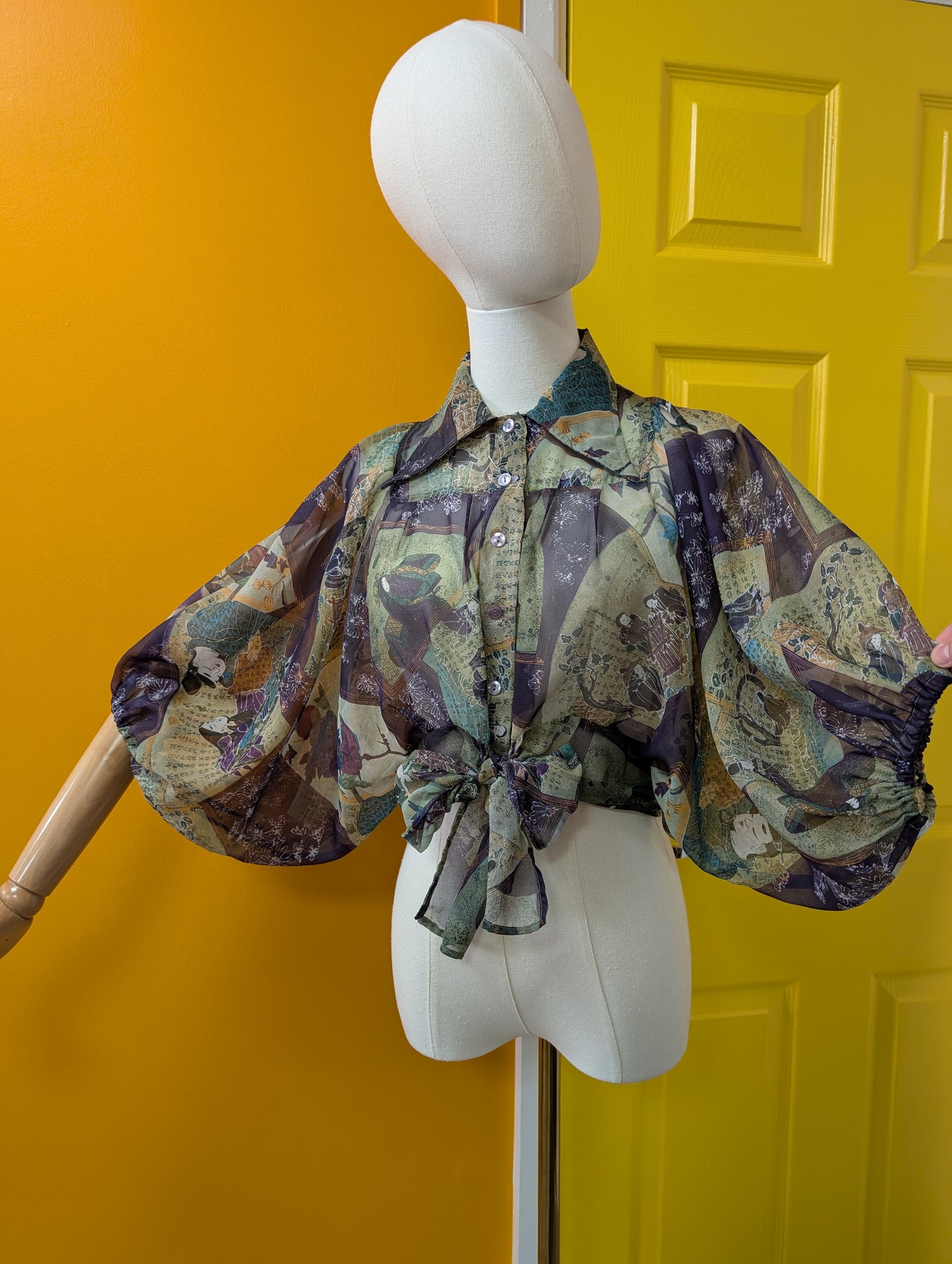 1970s John Craig sheer oriental geisha print blouse - S/10