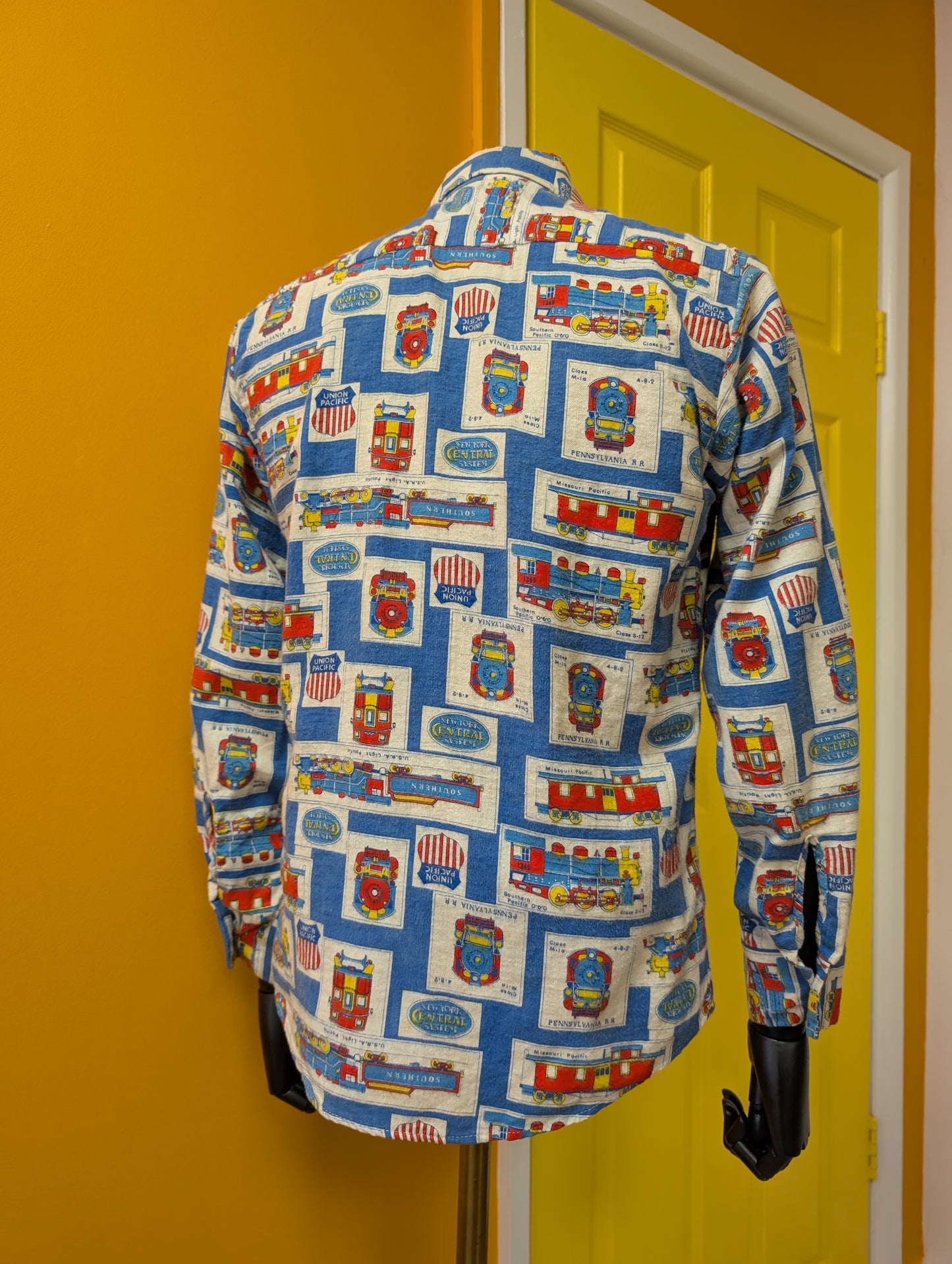 1960s Prest-Rite novelty train print cotton flannel shirt