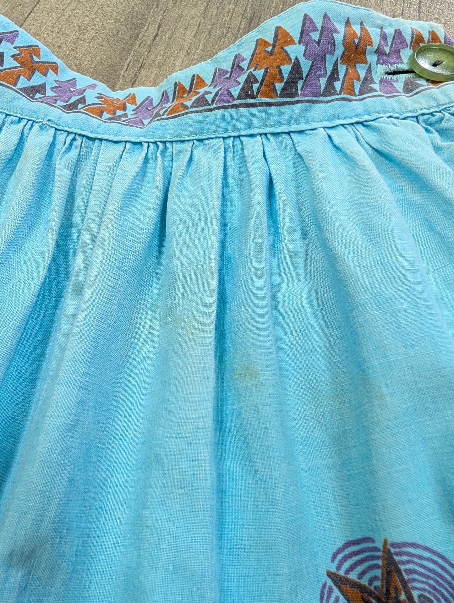 1950s blue cotton tiered novelty tribal print skirt - 23"/24" waist