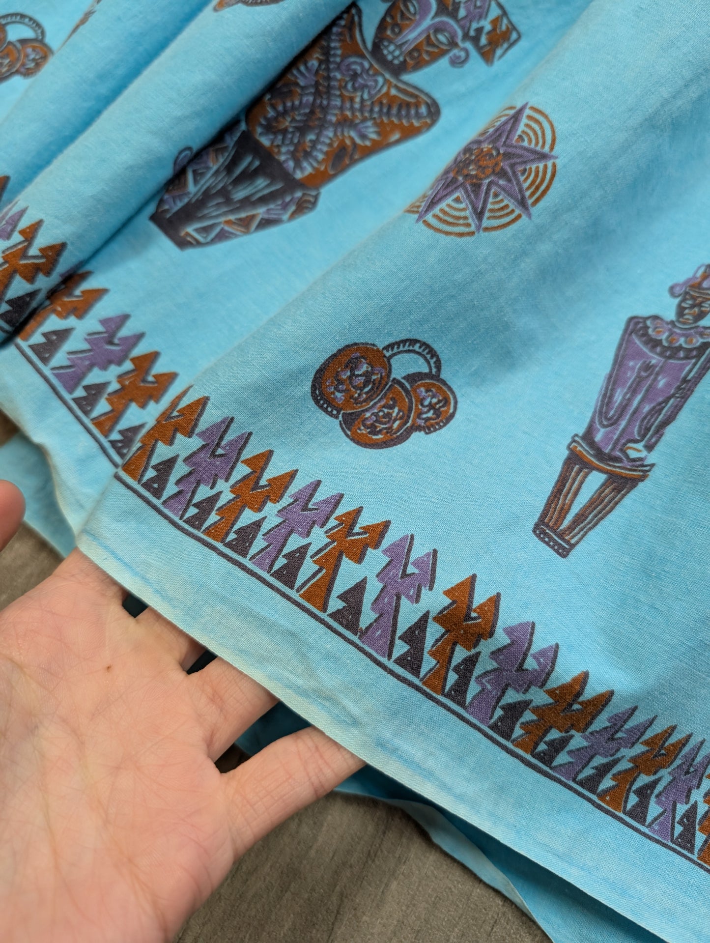 1950s blue cotton tiered novelty tribal print skirt - 23"/24" waist