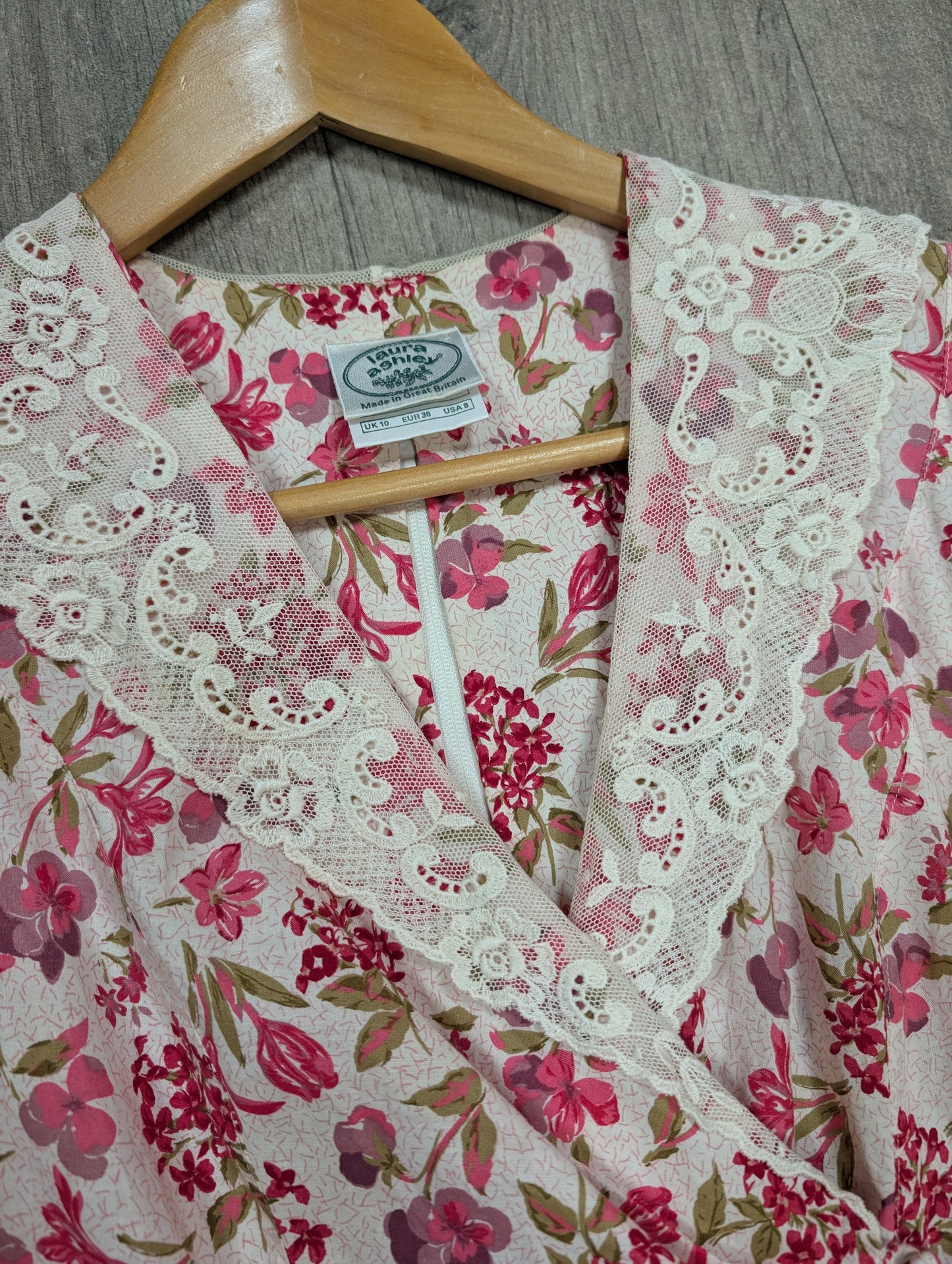 1980s Laura Ashley pink floral lace collar dress