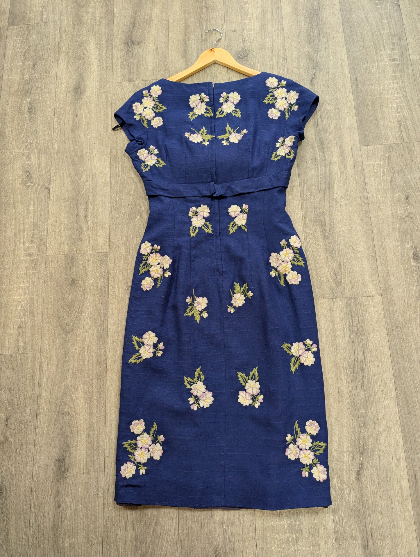50s/60s Zenith blue embroidered floral dress - S/8/10