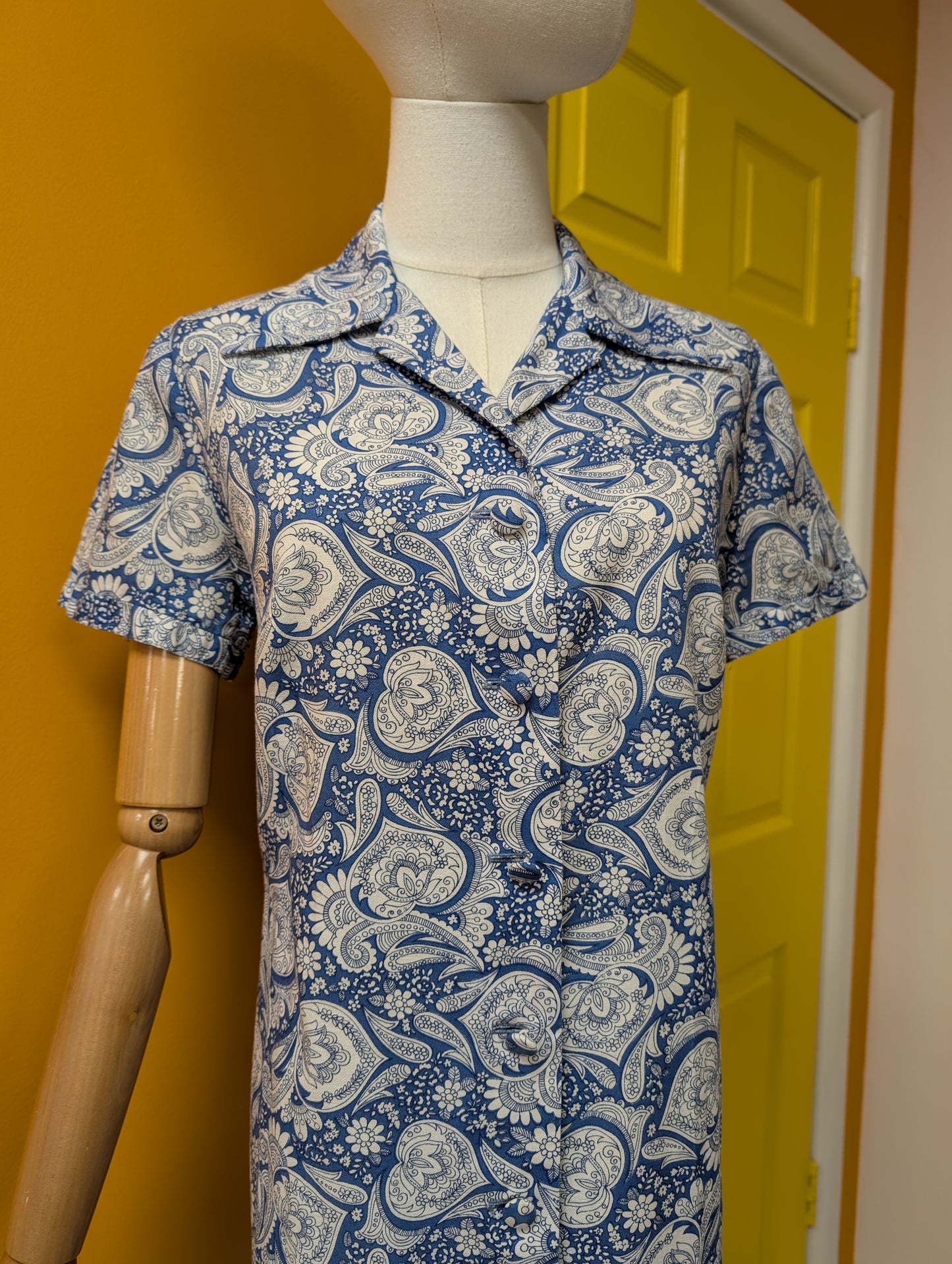 60s/70s blue and white paisley dress - Size 14/16