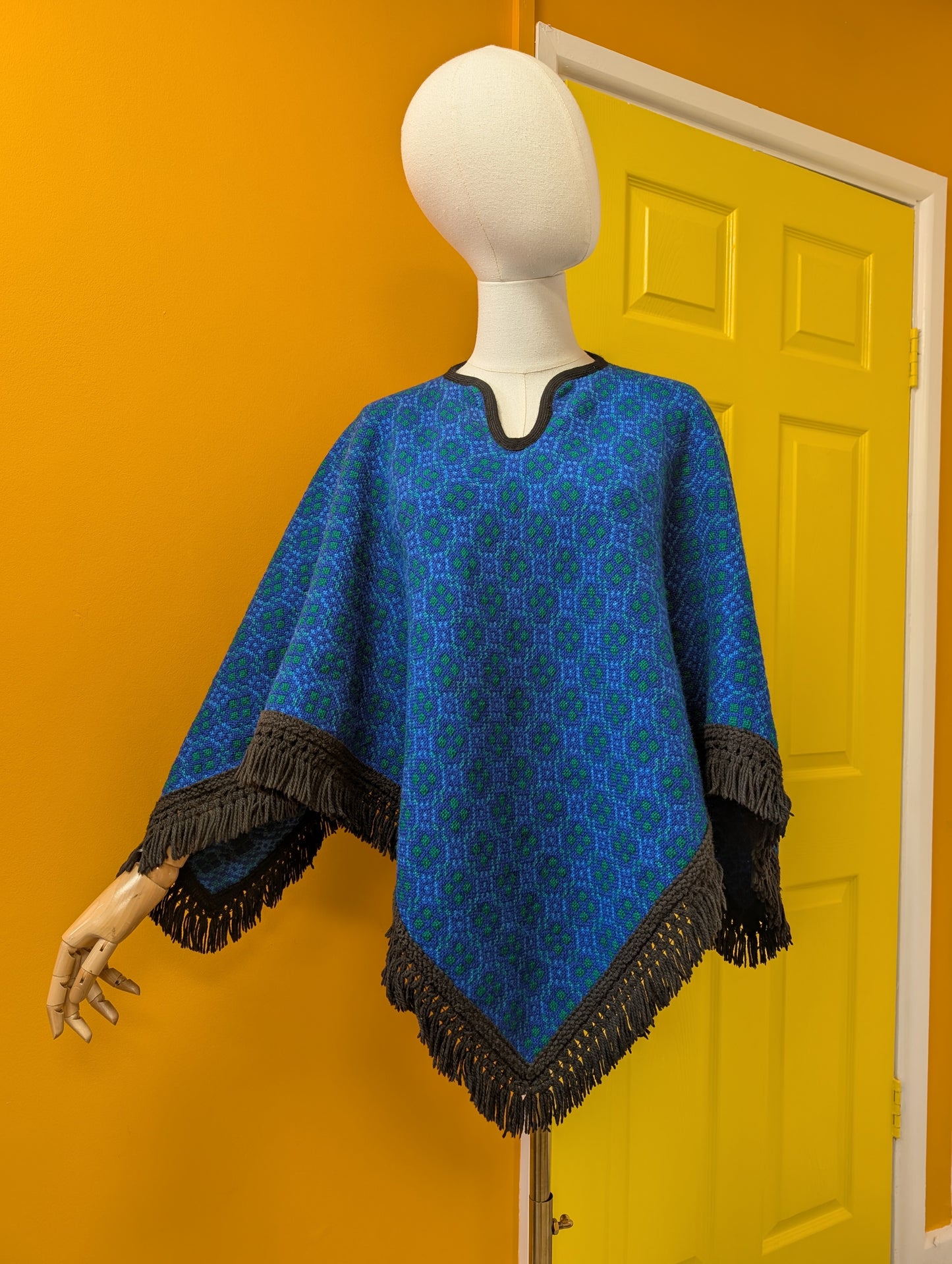 Reversible Welsh tapestry wool fringed poncho