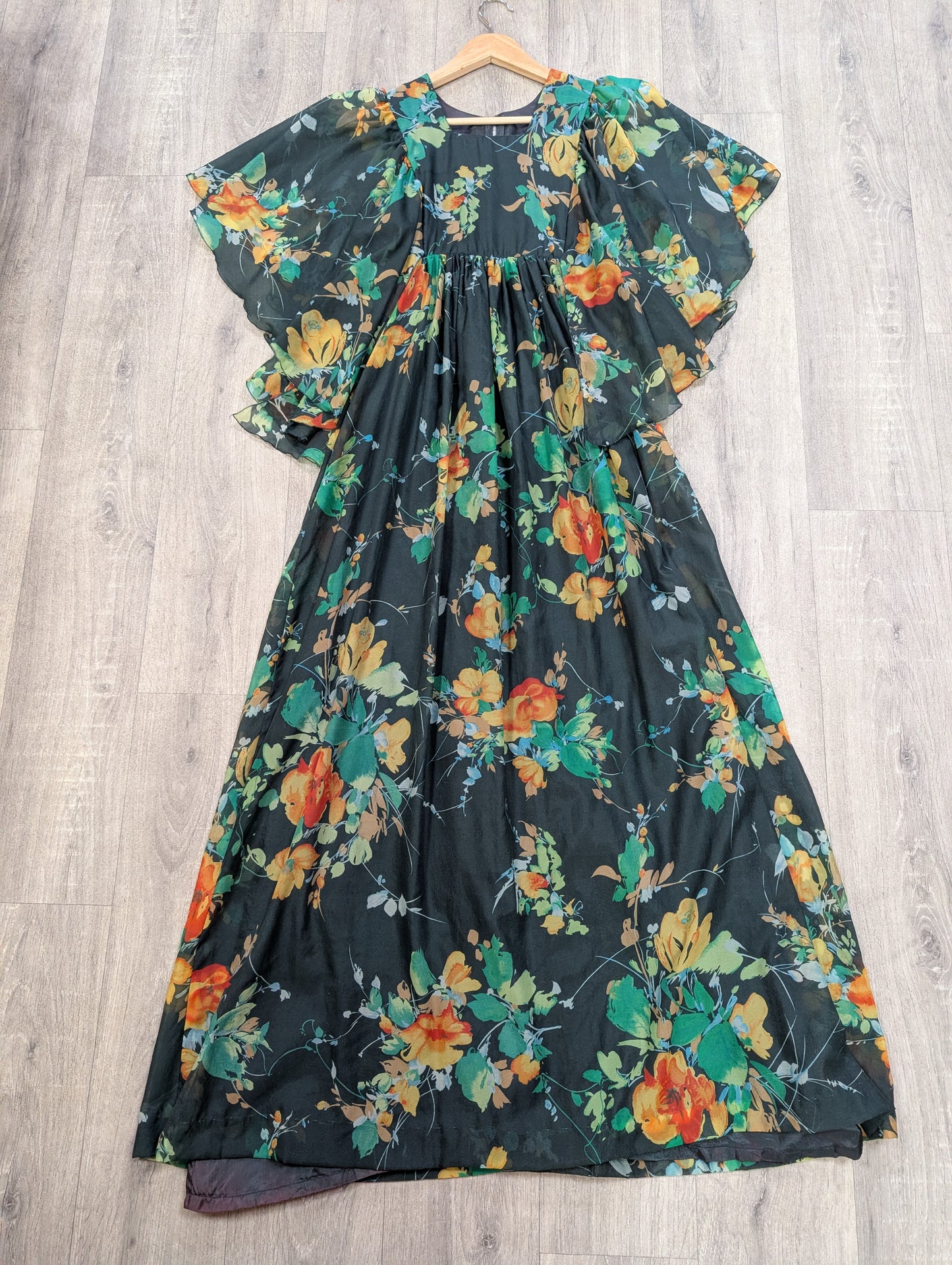 1970s green floral maxi dress - S/8/10