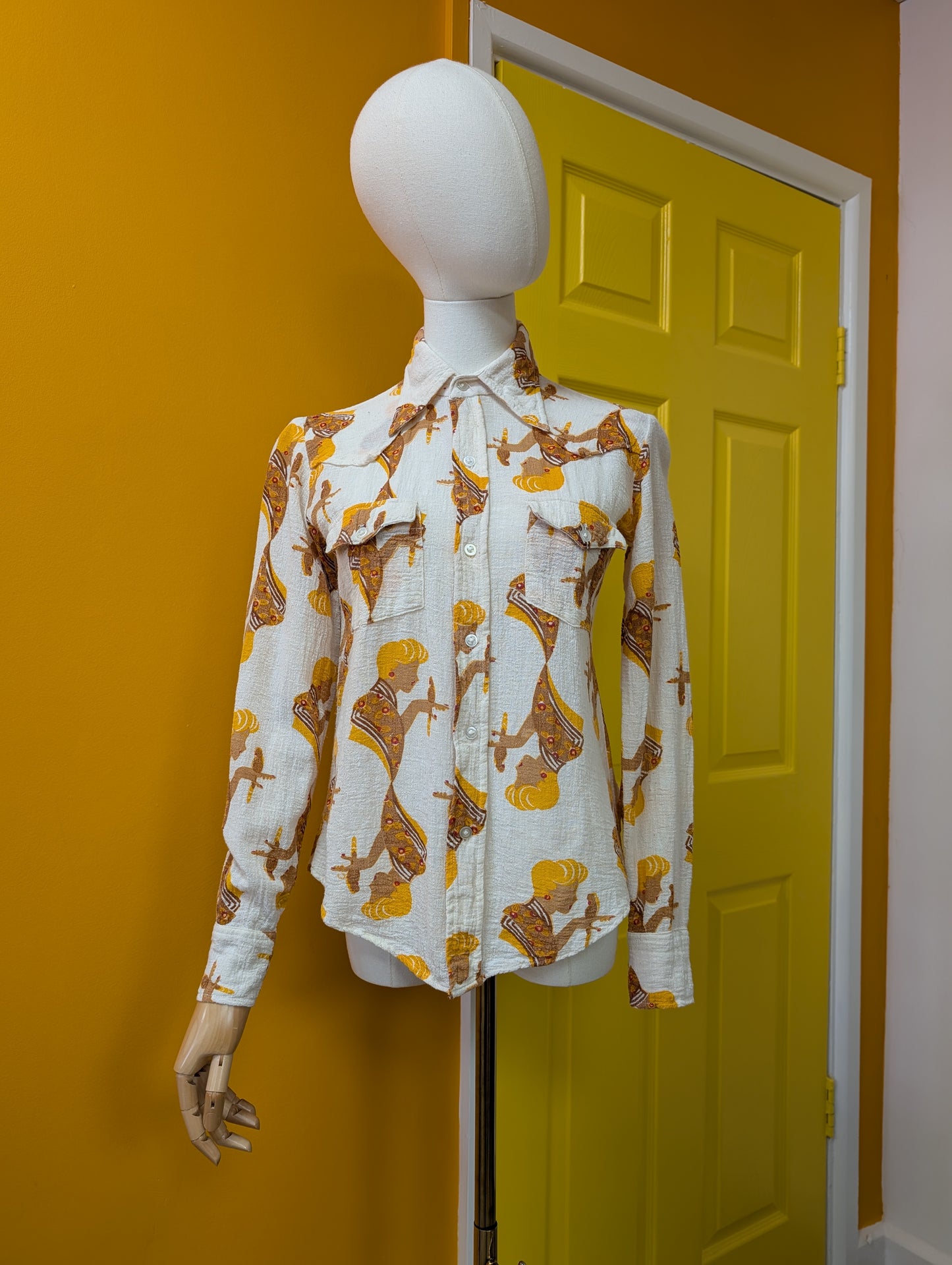 1970s Harlan Matthews novelty print Indian cotton cheesecloth shirt