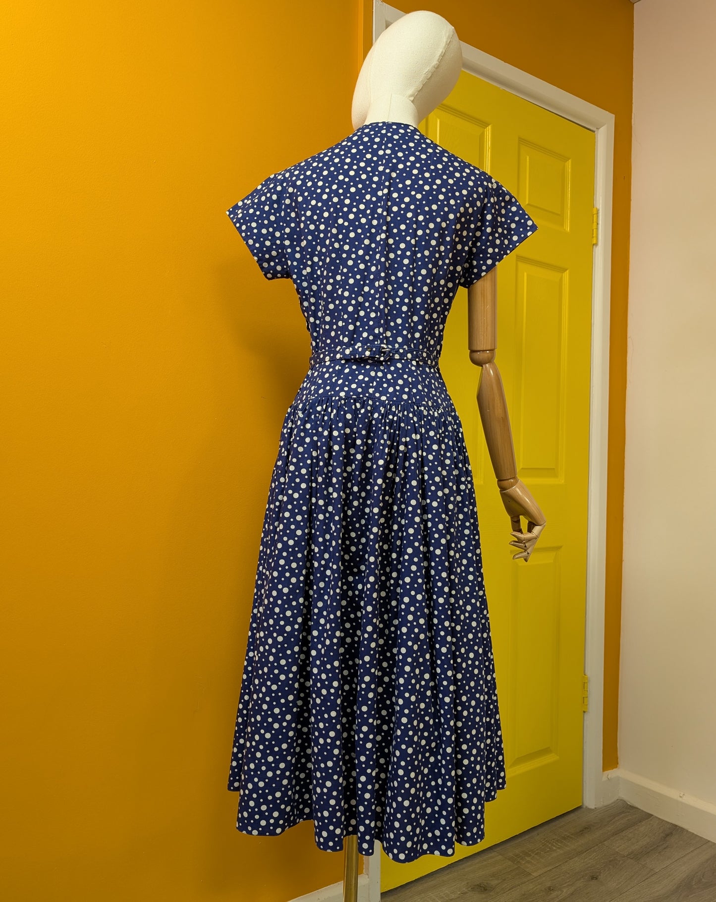 1950s 'A Diana Dress' navy/white polka dot cotton - S/8/10