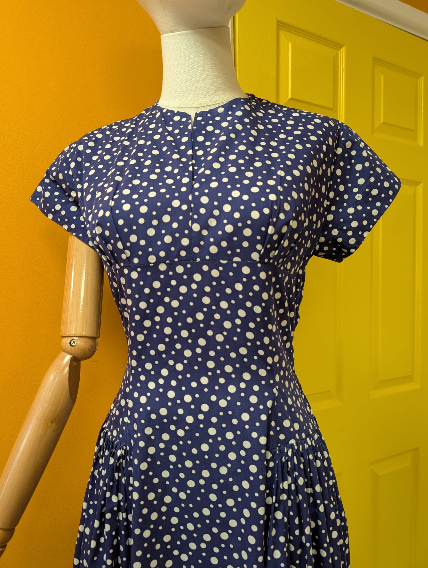 1950s 'A Diana Dress' navy/white polka dot cotton - S/8/10