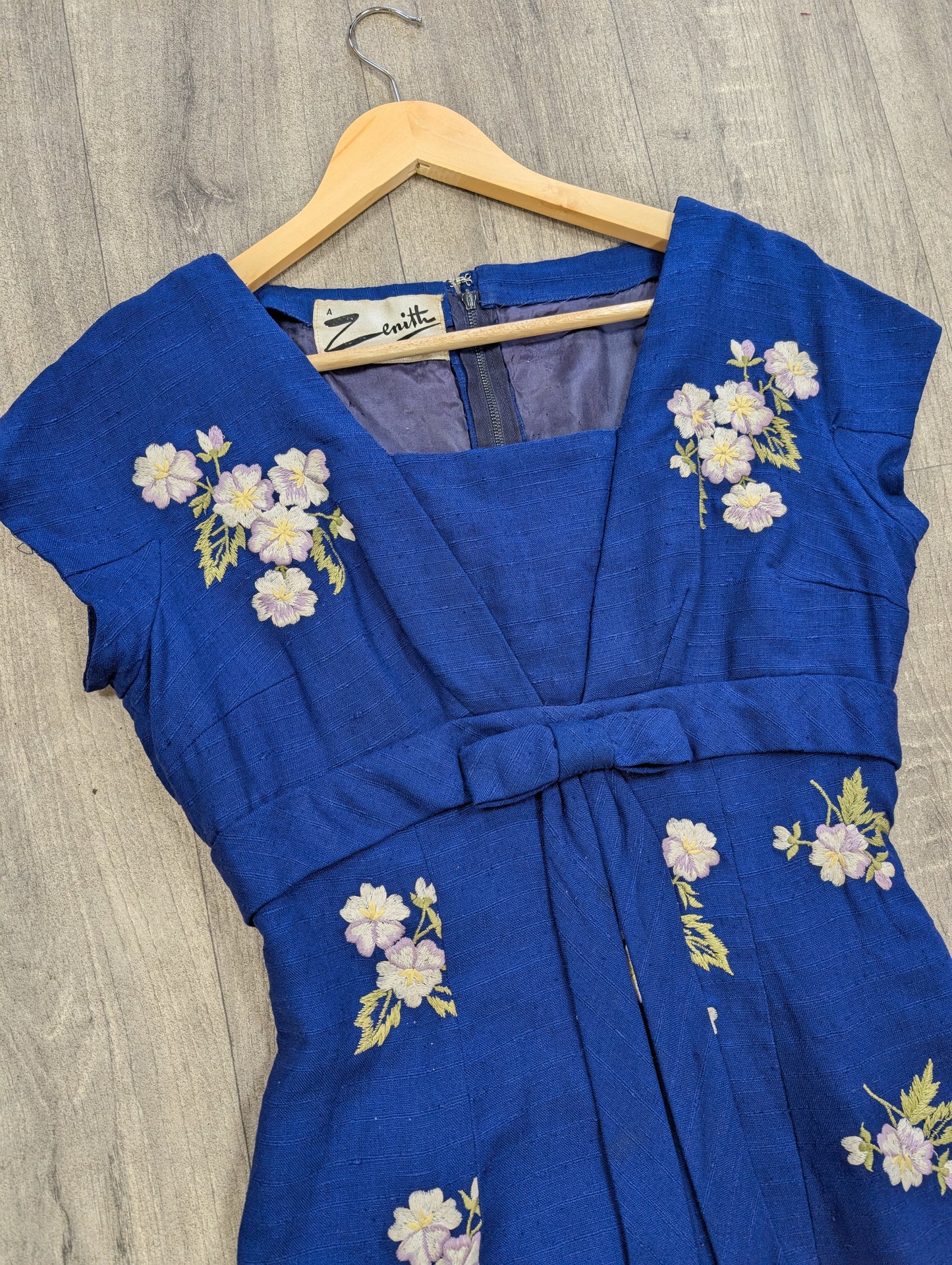 50s/60s Zenith blue embroidered floral dress - S/8/10