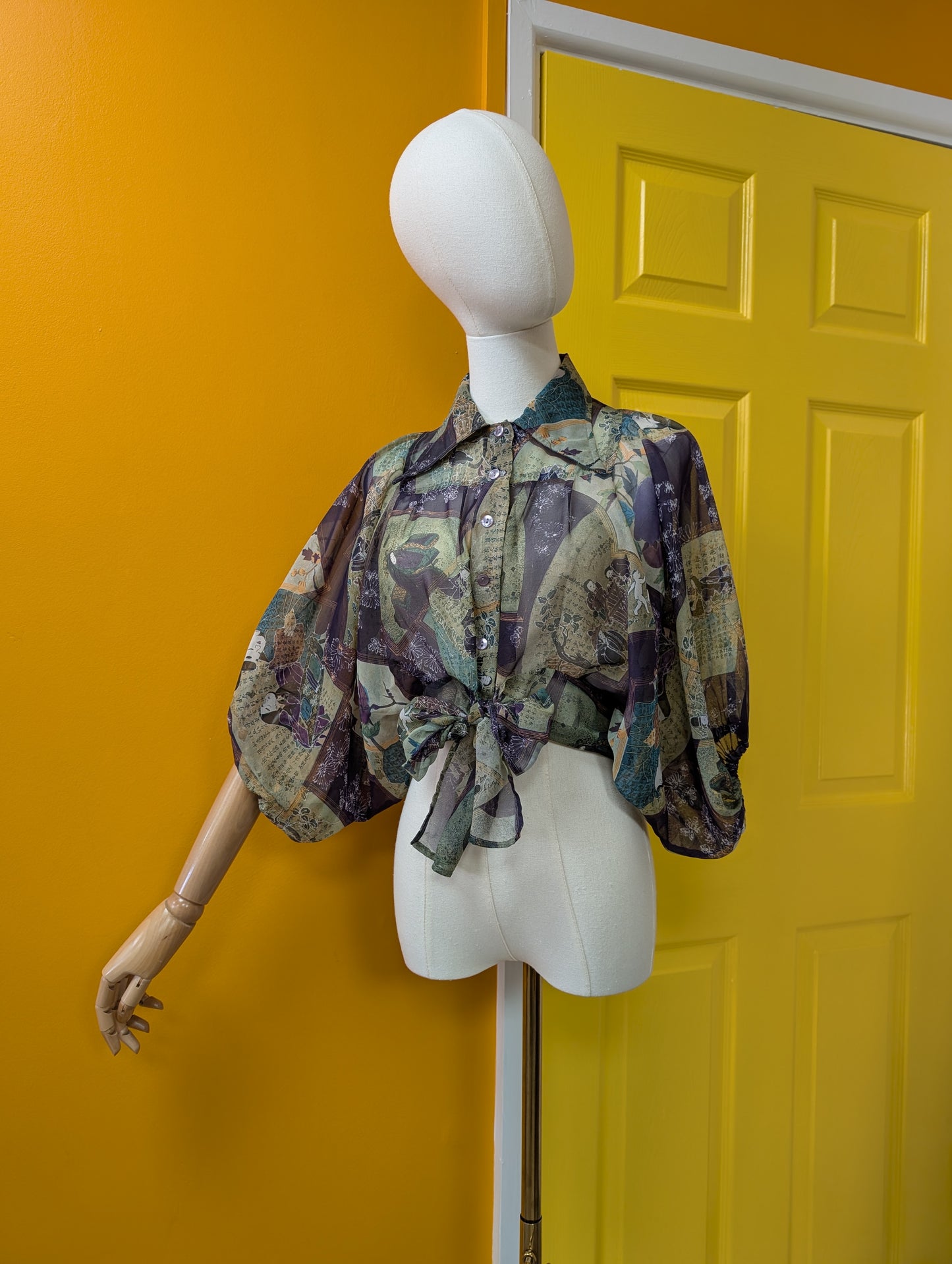 1970s John Craig sheer oriental geisha print blouse - S/10