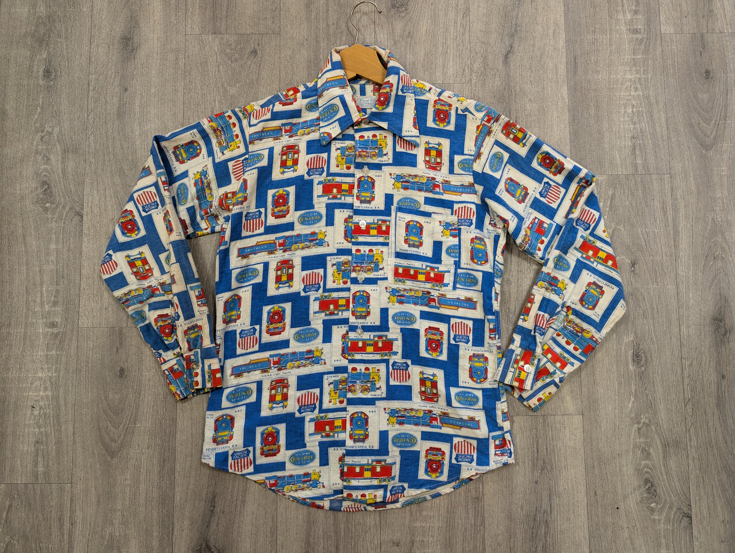 1960s Prest-Rite novelty train print cotton flannel shirt